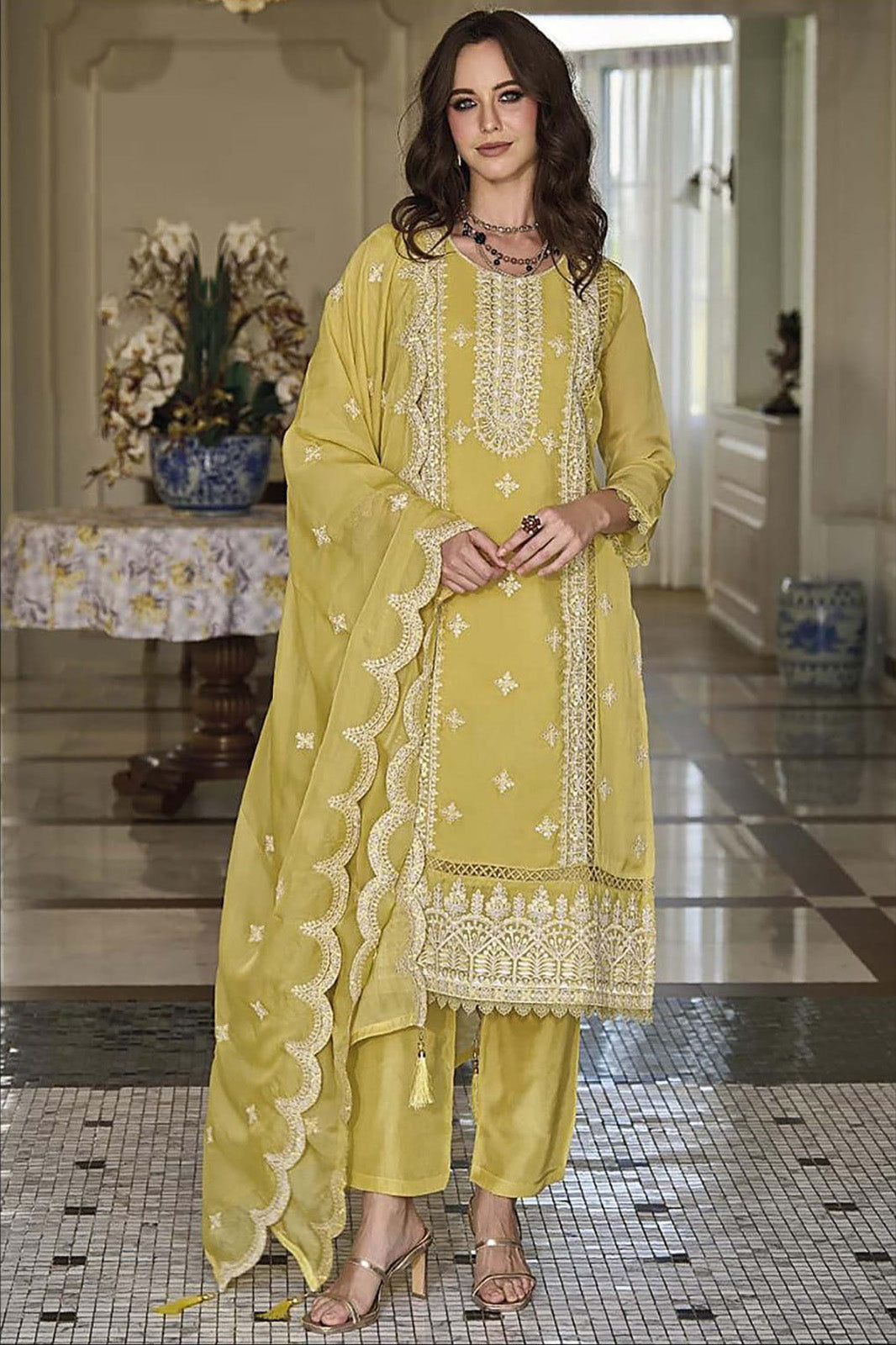 Yellow Embroidered Organza Suit