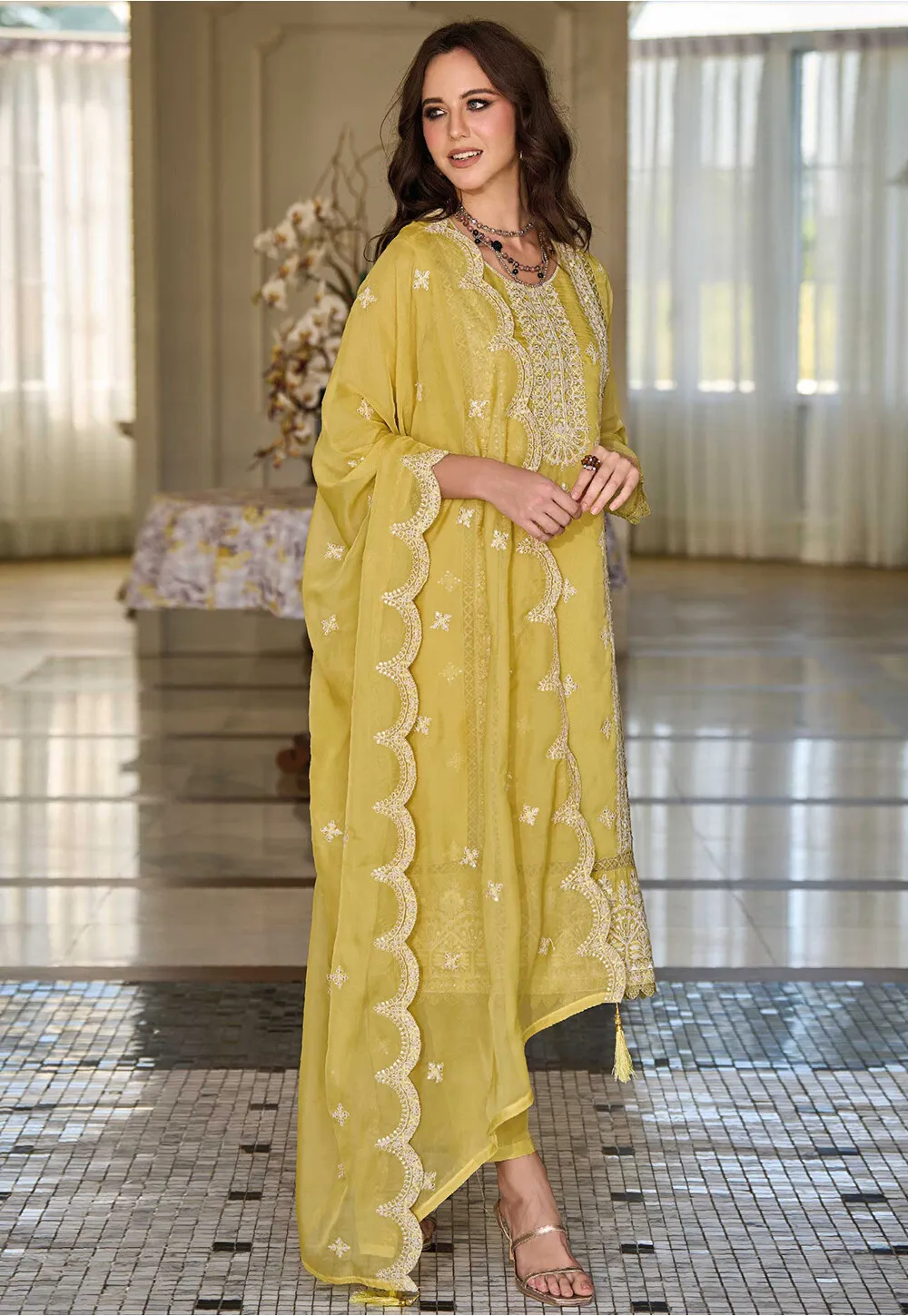 Yellow Embroidered Organza Suit