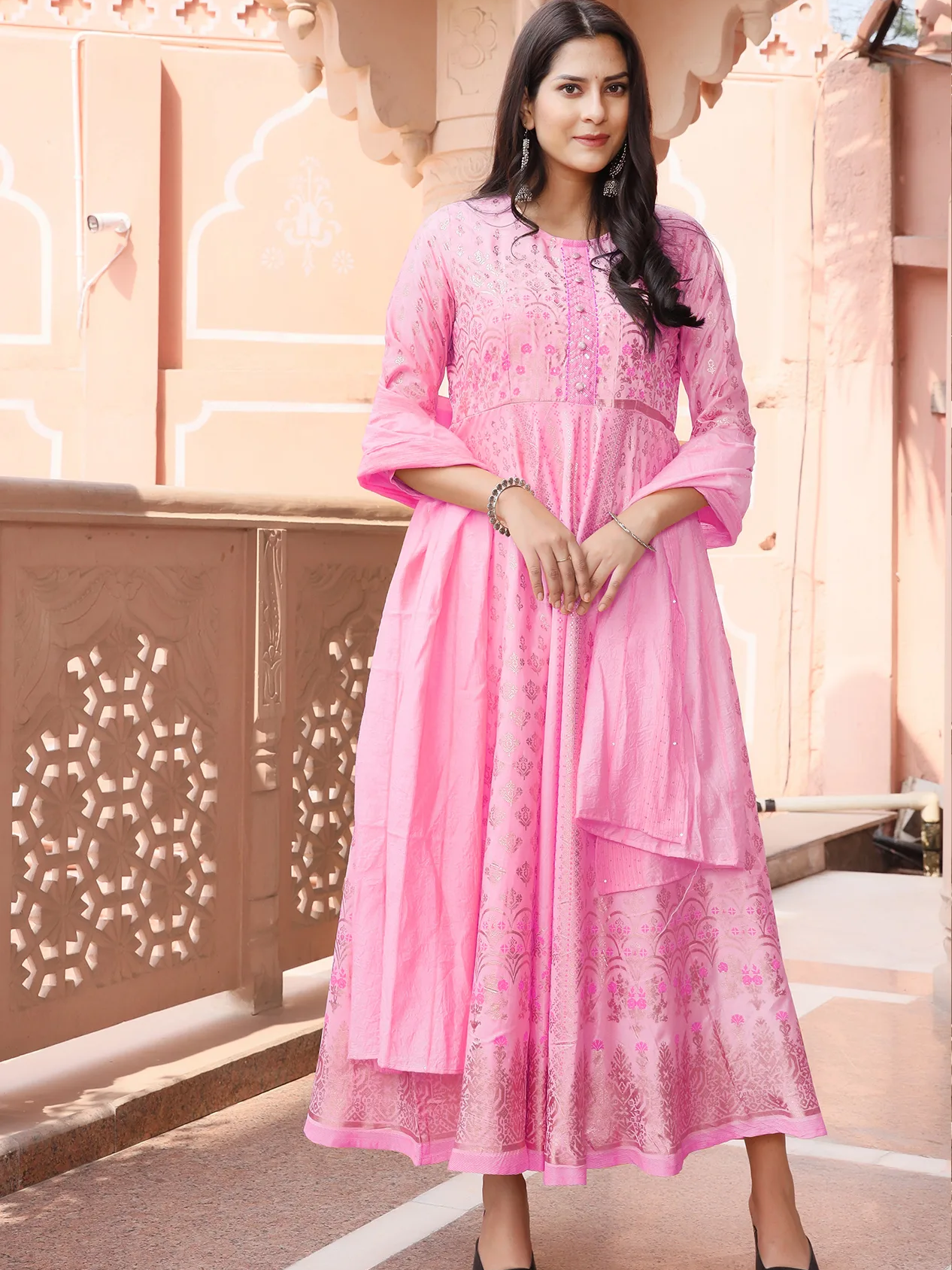 Chanderi SIlk Printed Handwork Anarkali Gown