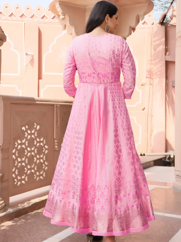 Chanderi SIlk Printed Handwork Anarkali Gown