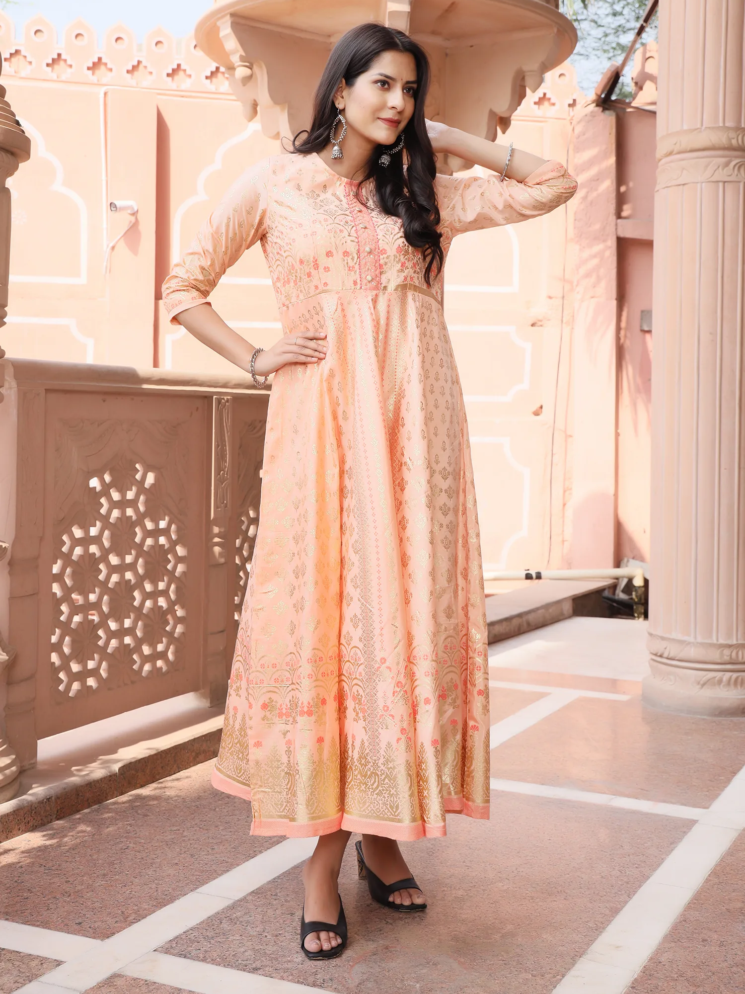 Chanderi SIlk Printed Handwork Anarkali Gown