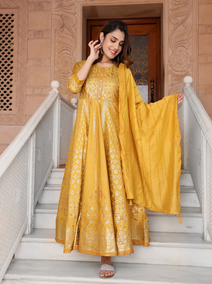 Chanderi SIlk Printed Handwork Anarkali Gown