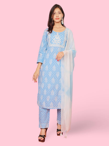 Cotton Printed Embroidery Kurta Set for Women 3pc Set