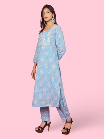 Cotton Printed Embroidery Kurta Set for Women 3pc Set