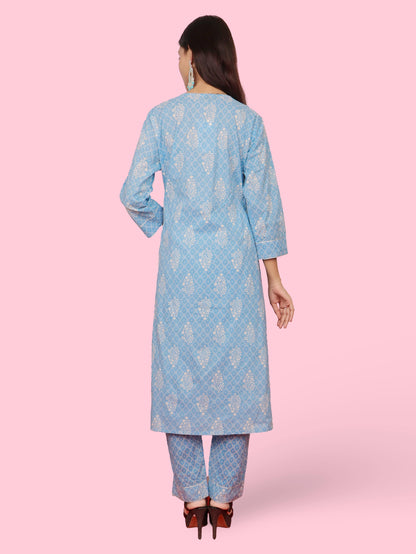 Cotton Printed Embroidery Kurta Set for Women 3pc Set