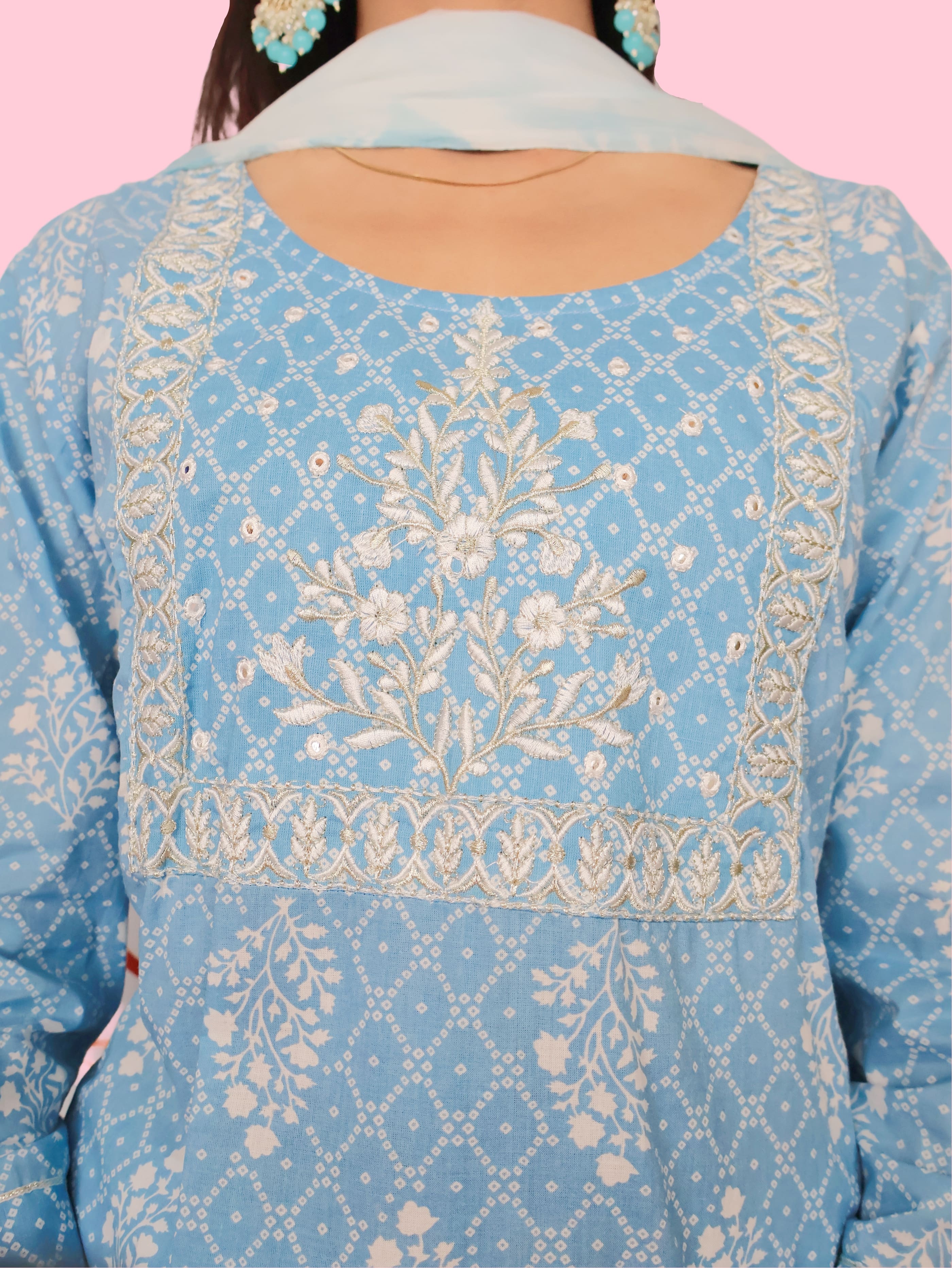 Cotton Printed Embroidery Kurta Set for Women 3pc Set