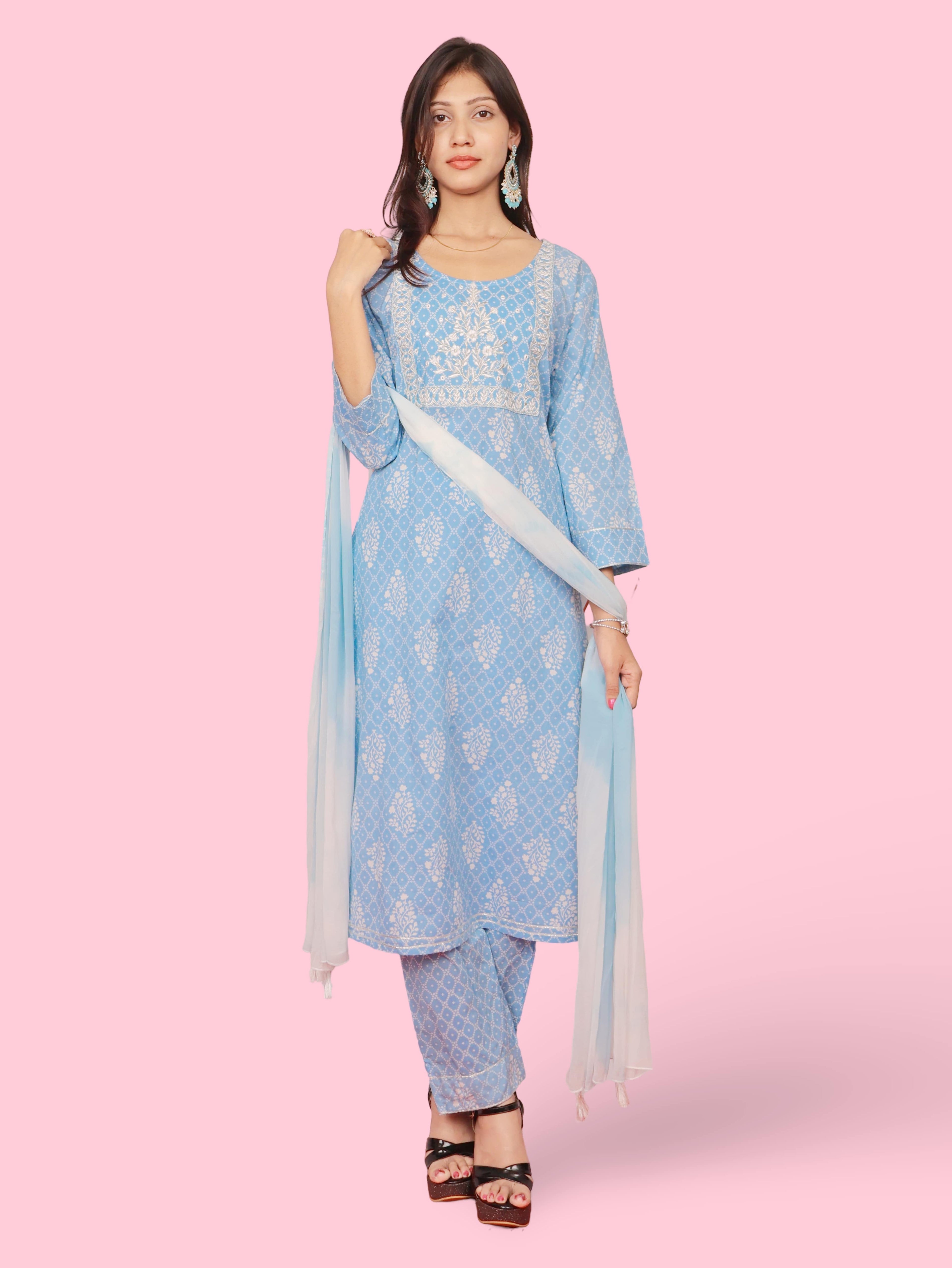 Cotton Printed Embroidery Kurta Set for Women 3pc Set