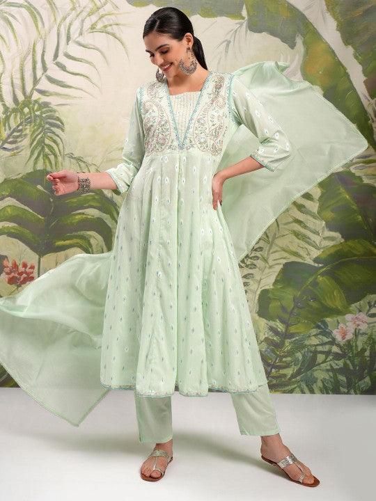 Floral Embroidered Pure Cotton Anarkali Kurta &amp; Trousers With Dupatta