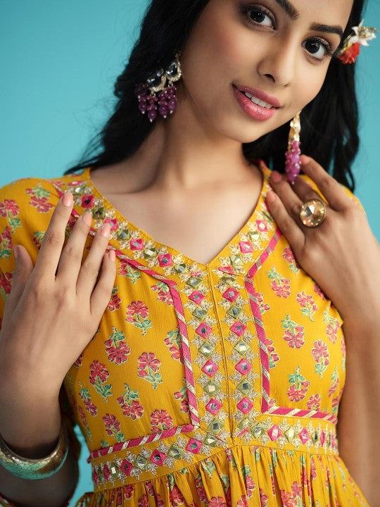 Floral Print Pure Cotton Anarkali Kurta with Mirror Work, Paired with Trouser and Dupatta