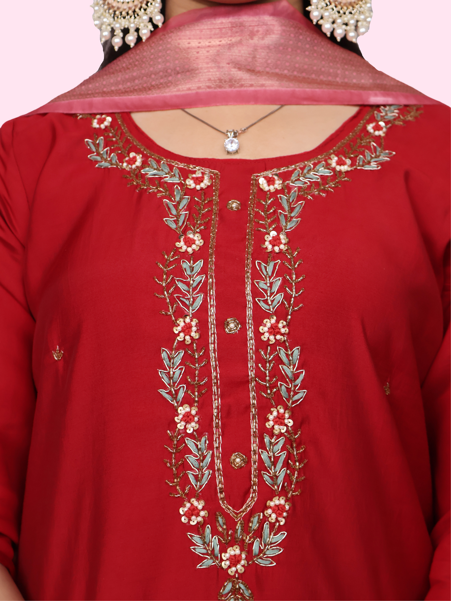 Embroidered Straight Kurta Set with Pant and Dupatta