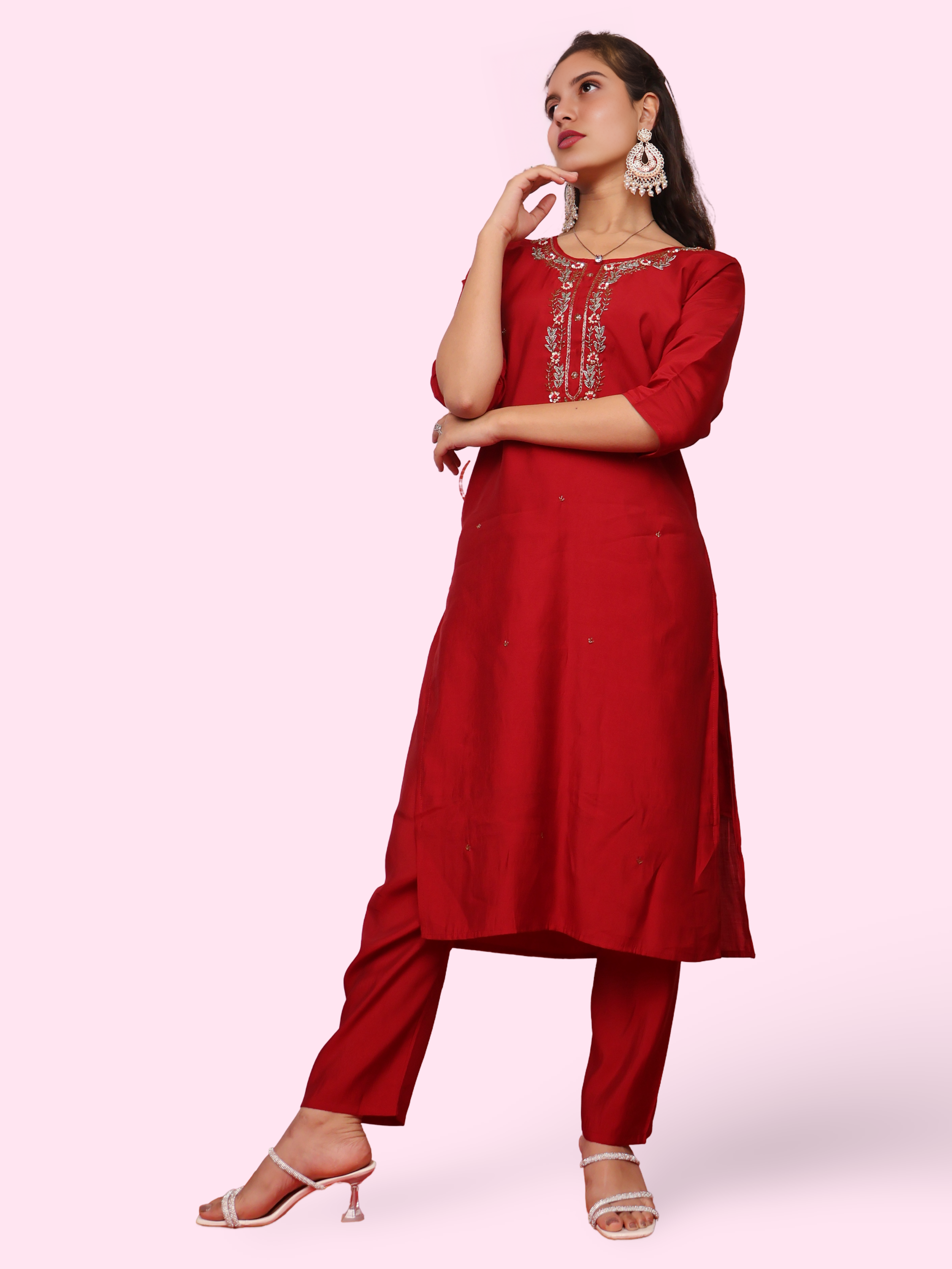 Embroidered Straight Kurta Set with Pant and Dupatta