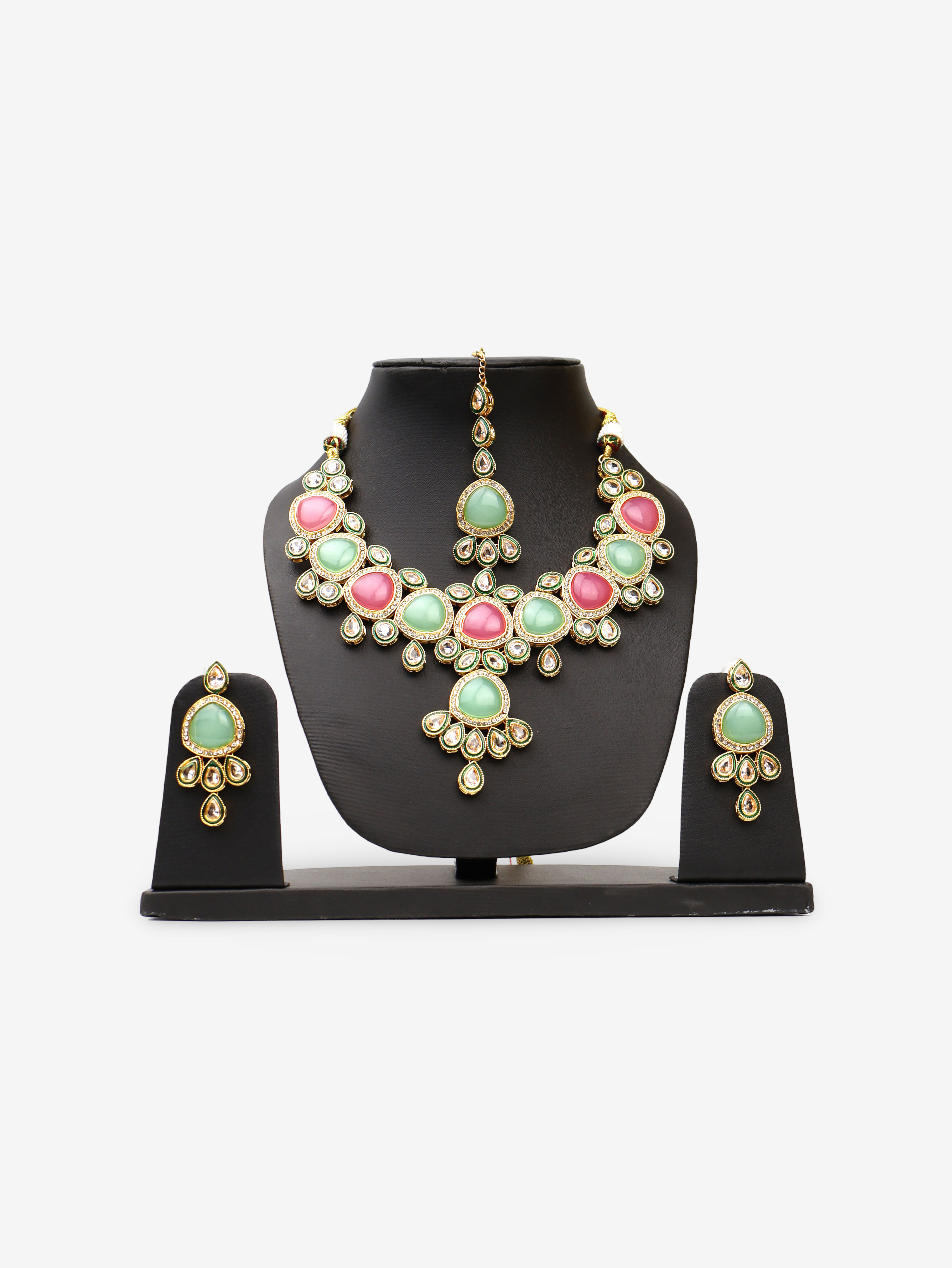 Mint Green and Pink Kundan Polki Necklace with Earrings and Mang Tikka Fashion Jewelry for Party Festival Wedding Occasion in Noida