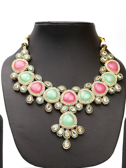 Mint Green and Pink Kundan Polki Necklace with Earrings and Mang Tikka Fashion Jewelry for Party Festival Wedding Occasion in Noida