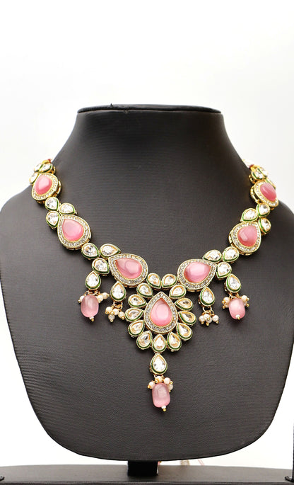 Polki and Pink Monalisa Stone Necklace with Earrings &amp; Mang Tkka Fashion Jewelry for Party Festival Wedding Occasion in Noida