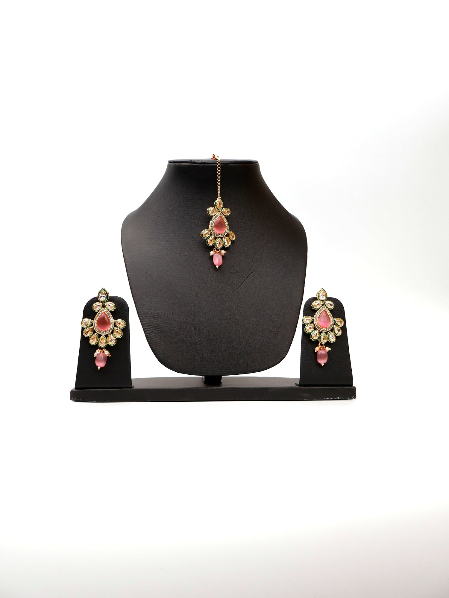 Polki and Pink Monalisa Stone Necklace with Earrings &amp; Mang Tkka Fashion Jewelry for Party Festival Wedding Occasion in Noida