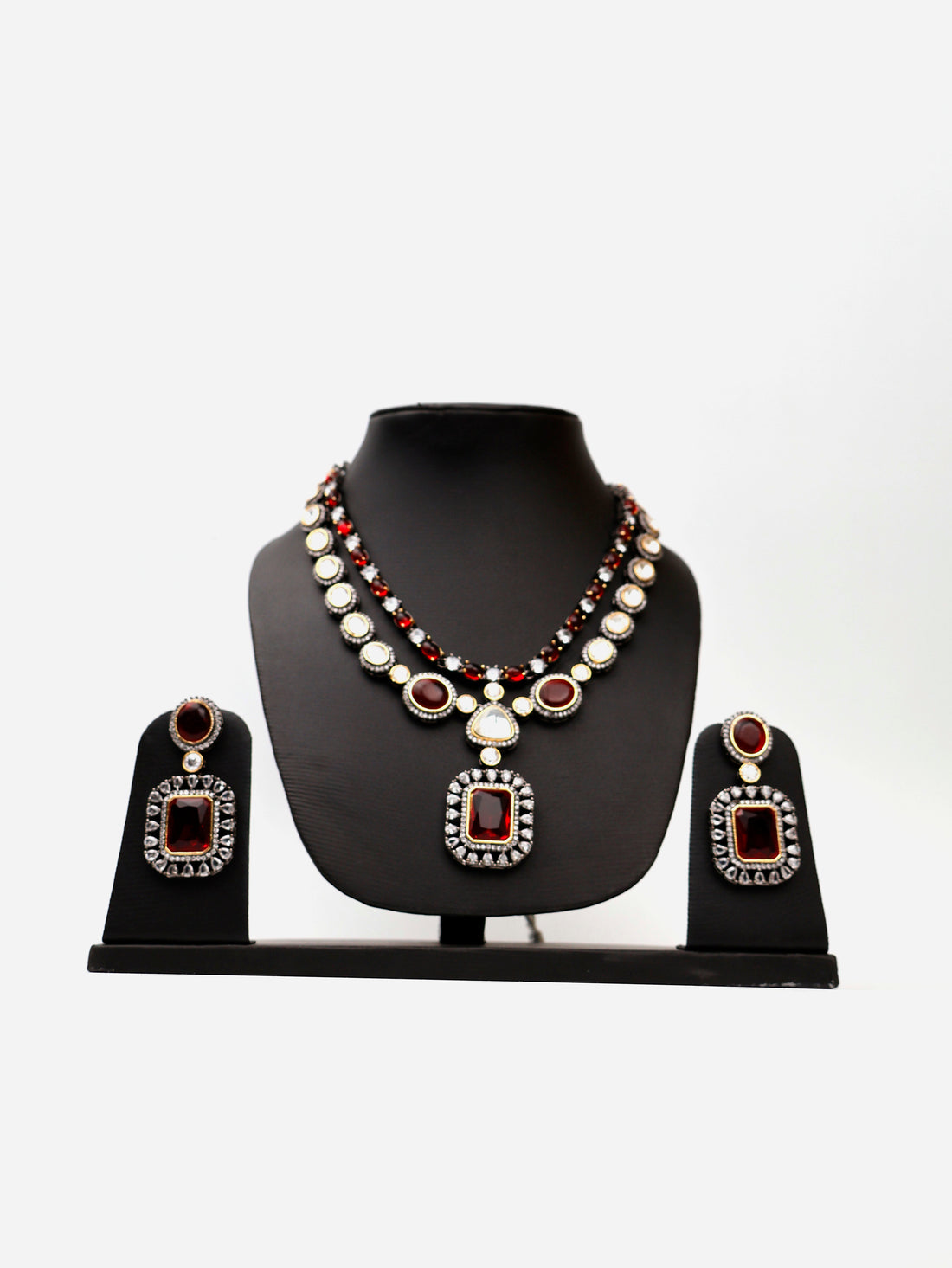 Red Garnet Stone and Kundan work Reverse AD Two Layer Necklace Set Fashion Jewelry for Party Festival Wedding Occasion in Noida