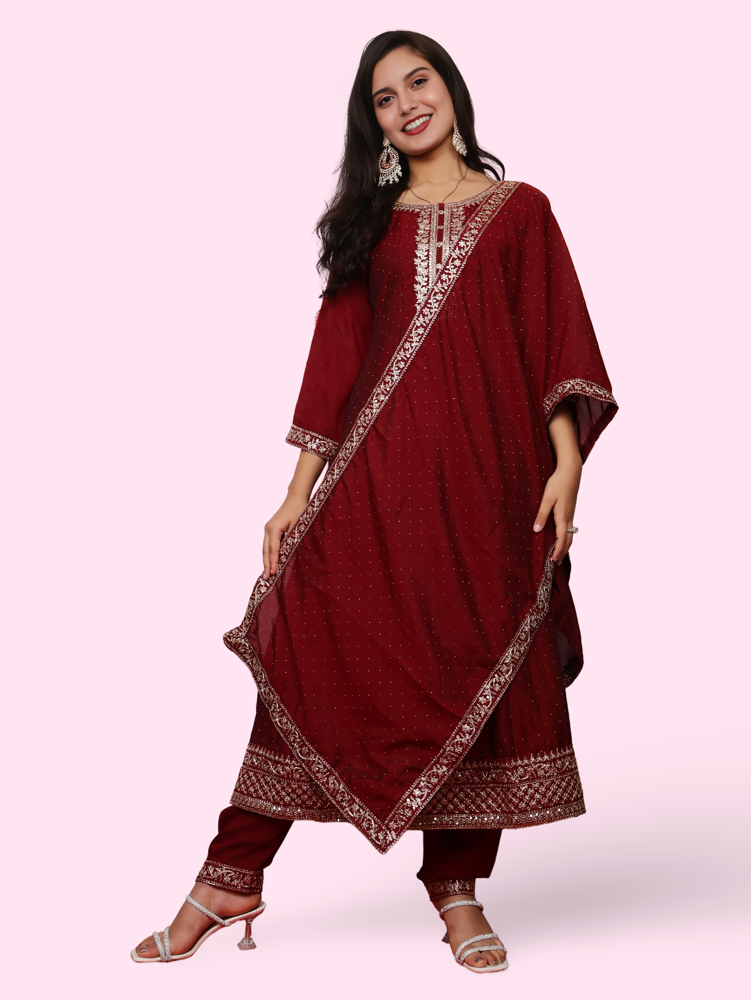 Woman Anarkali Suit Set with Pant-Dupatta