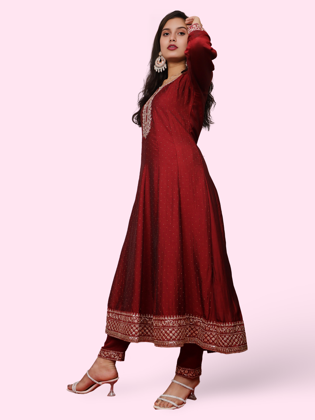 Woman Anarkali Suit Set with Pant-Dupatta