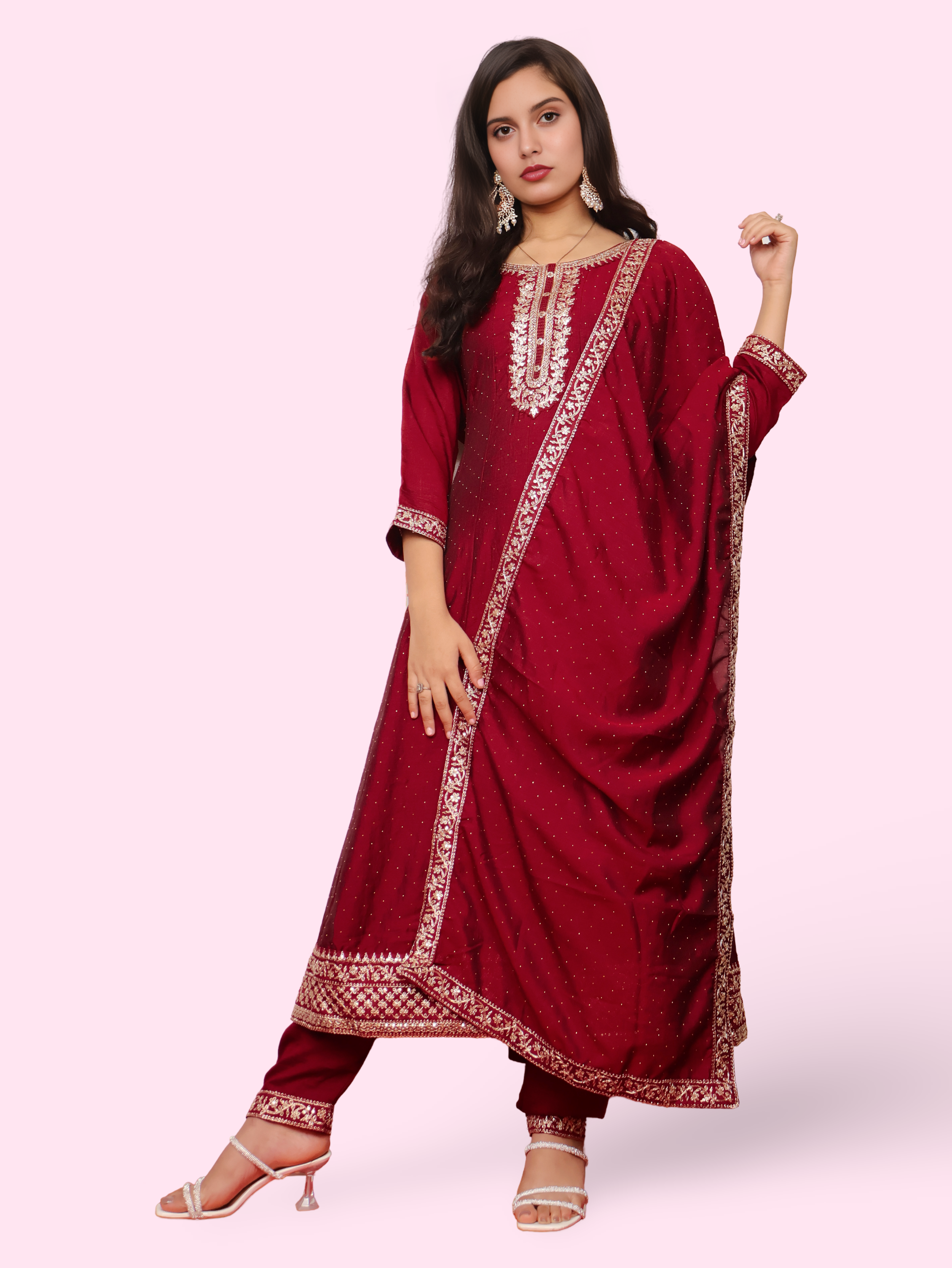 Woman Anarkali Suit Set with Pant-Dupatta