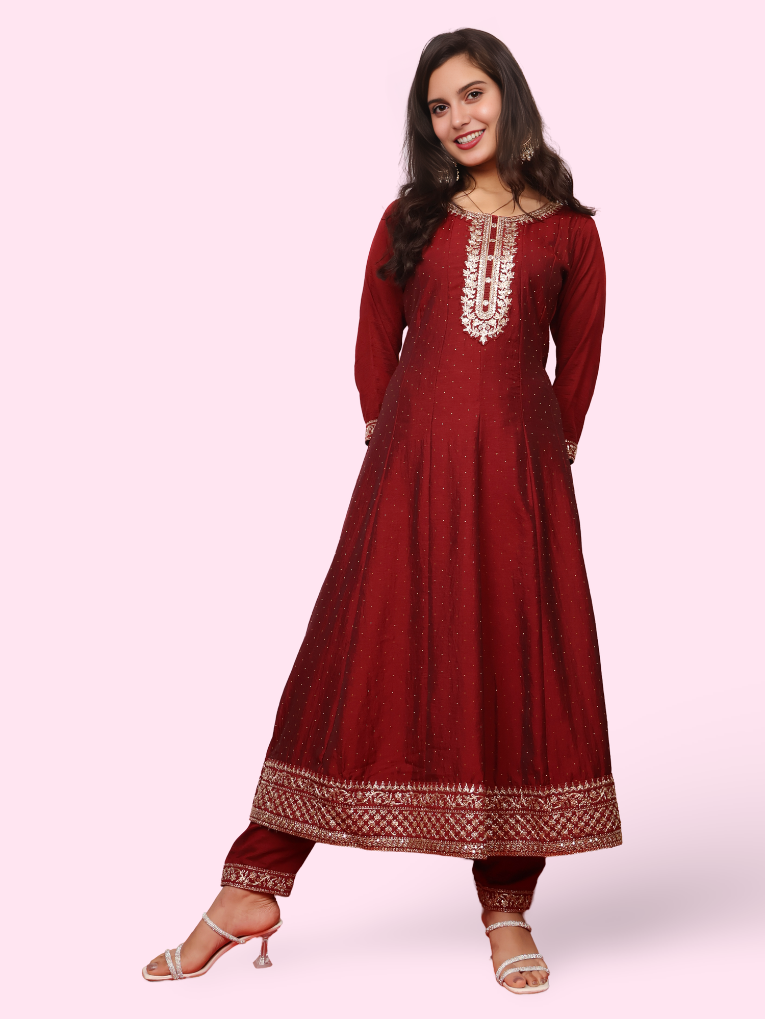 Woman Anarkali Suit Set with Pant-Dupatta