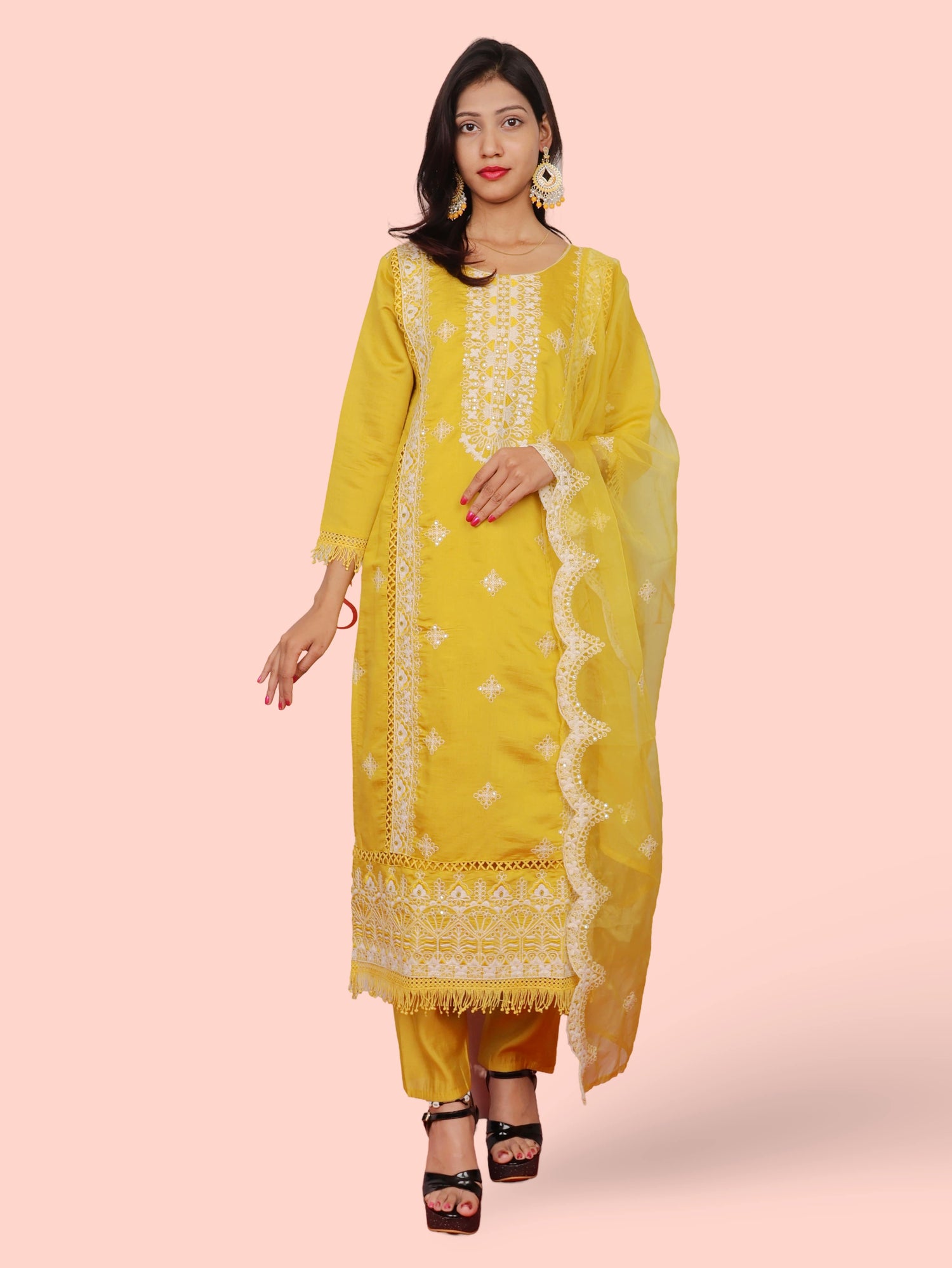 Yellow Embroidered Organza Suit