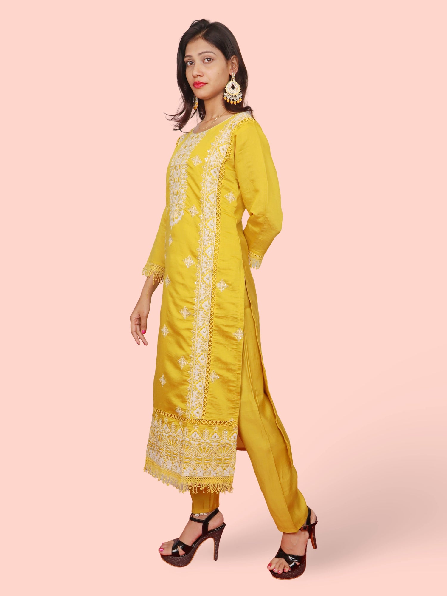 Yellow Embroidered Organza Suit