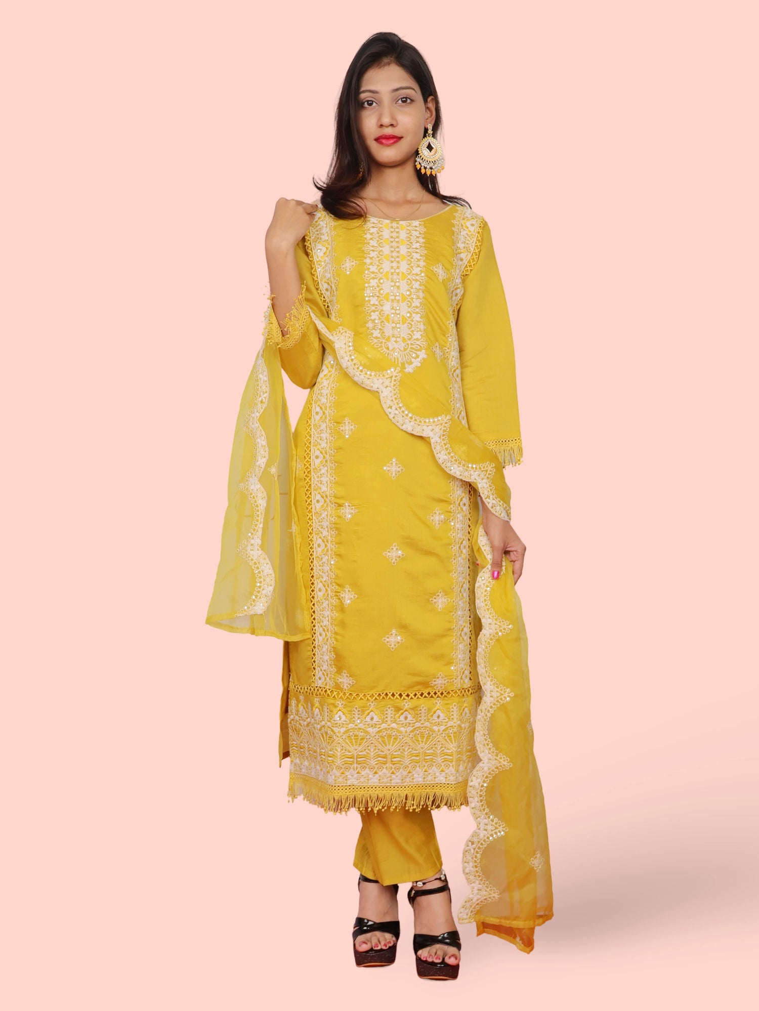 Yellow Embroidered Organza Suit