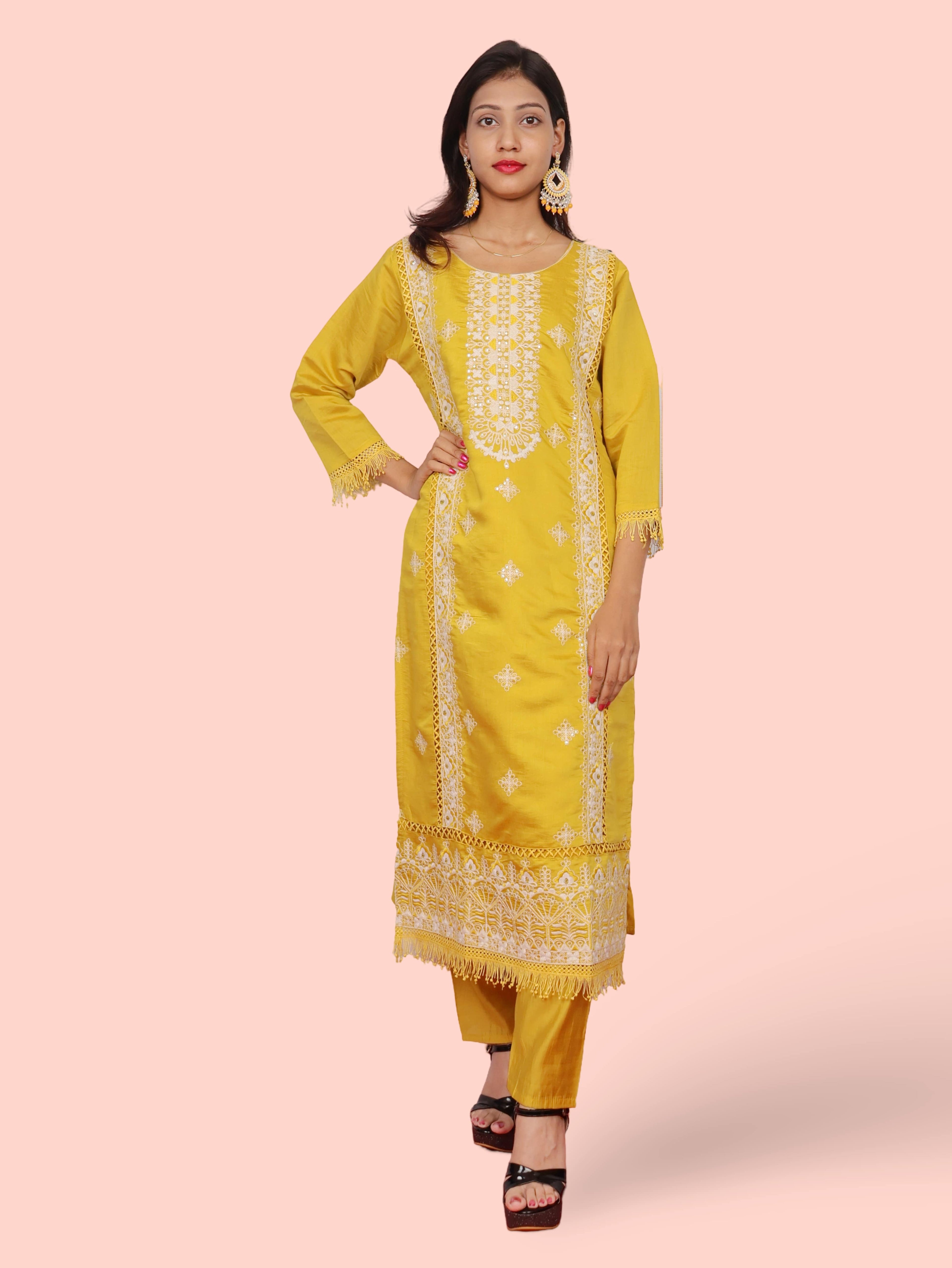 Yellow Embroidered Organza Suit