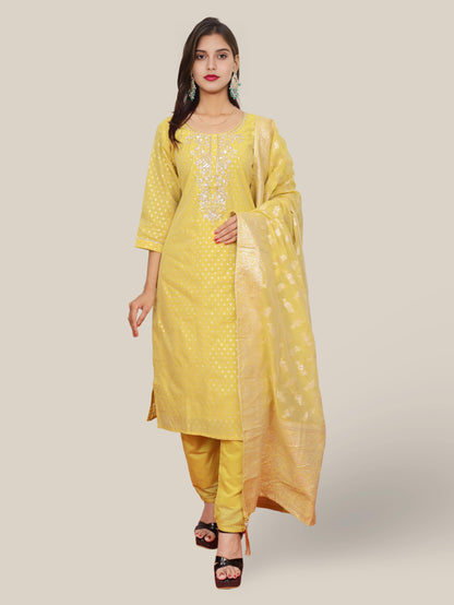 Silk Straight Kurti with Embroidery, Paired with Pant and Dupatta