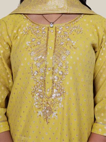 Silk Straight Kurti with Embroidery, Paired with Pant and Dupatta