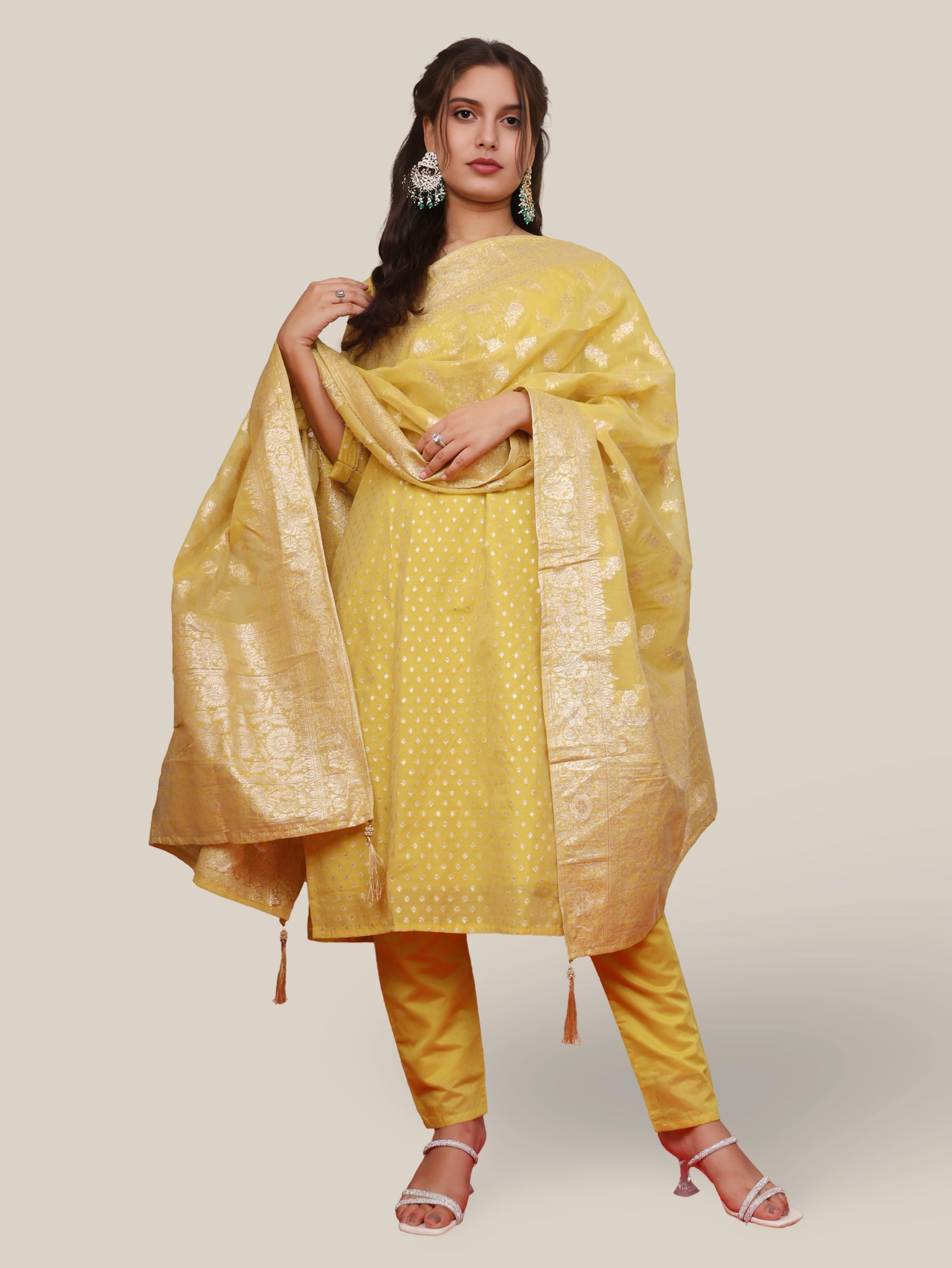 Silk Straight Kurti with Embroidery, Paired with Pant and Dupatta