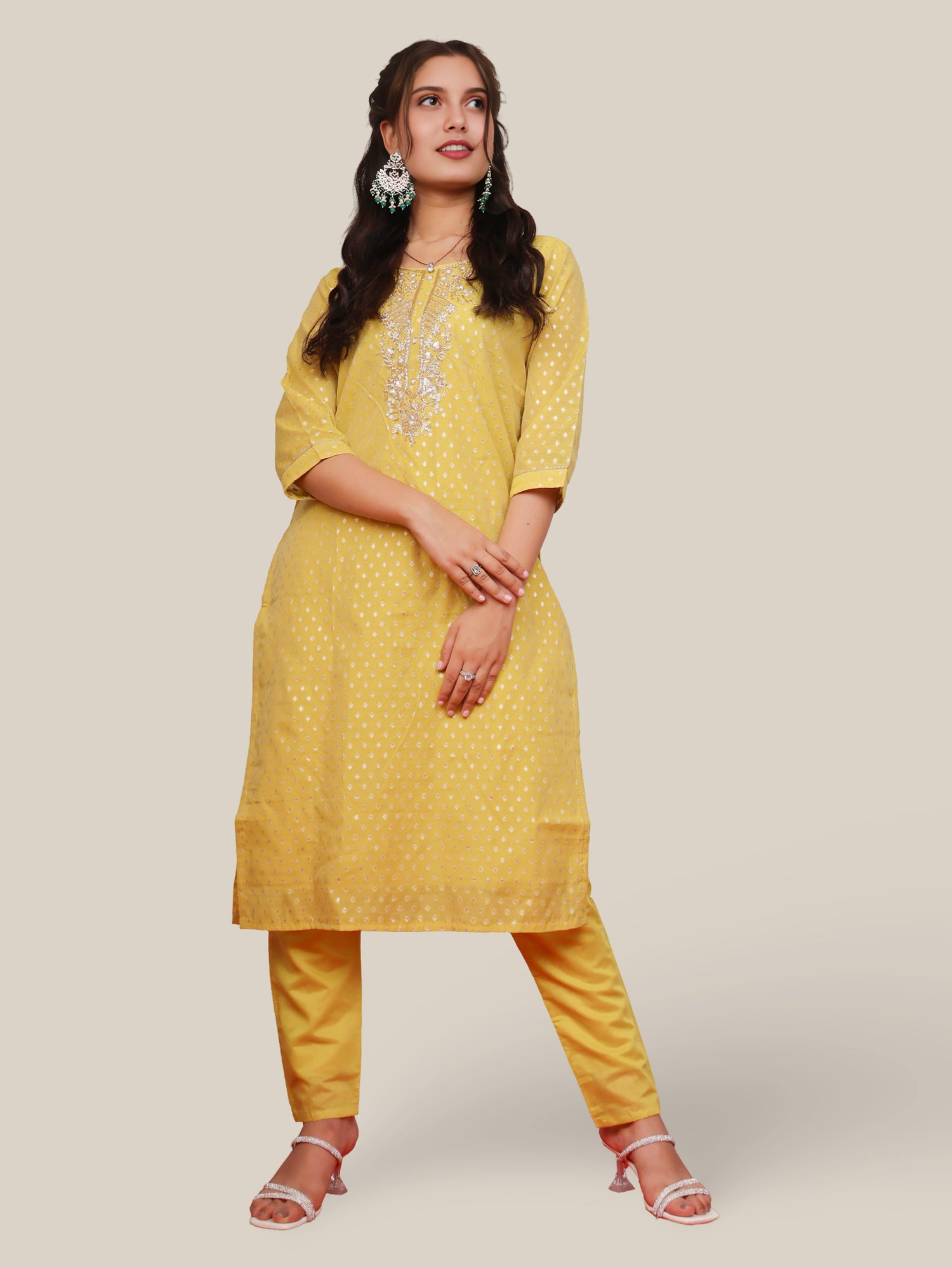 Silk Straight Kurti with Embroidery, Paired with Pant and Dupatta