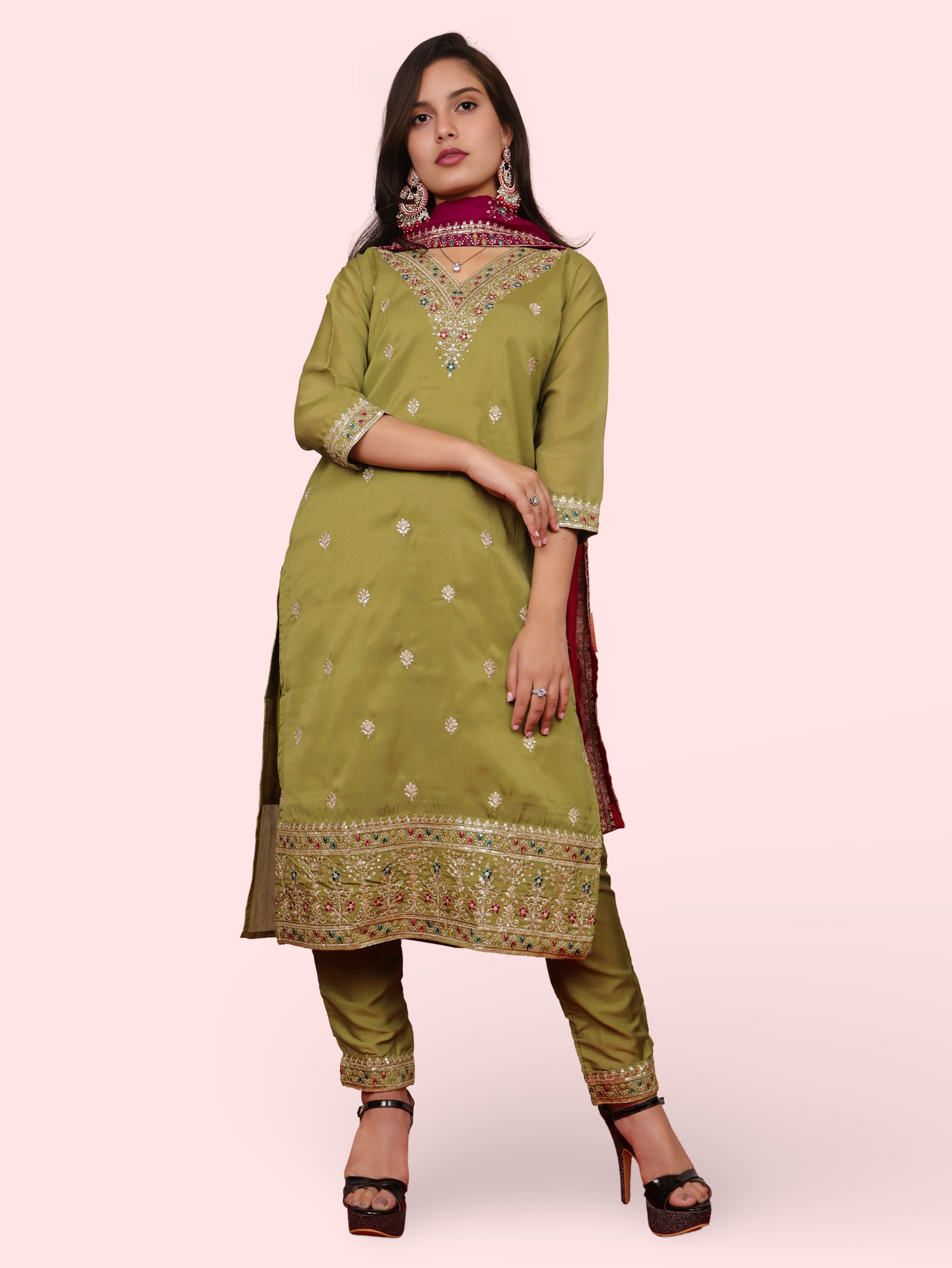 Woman Straight Suit Set with Pant-Dupatta