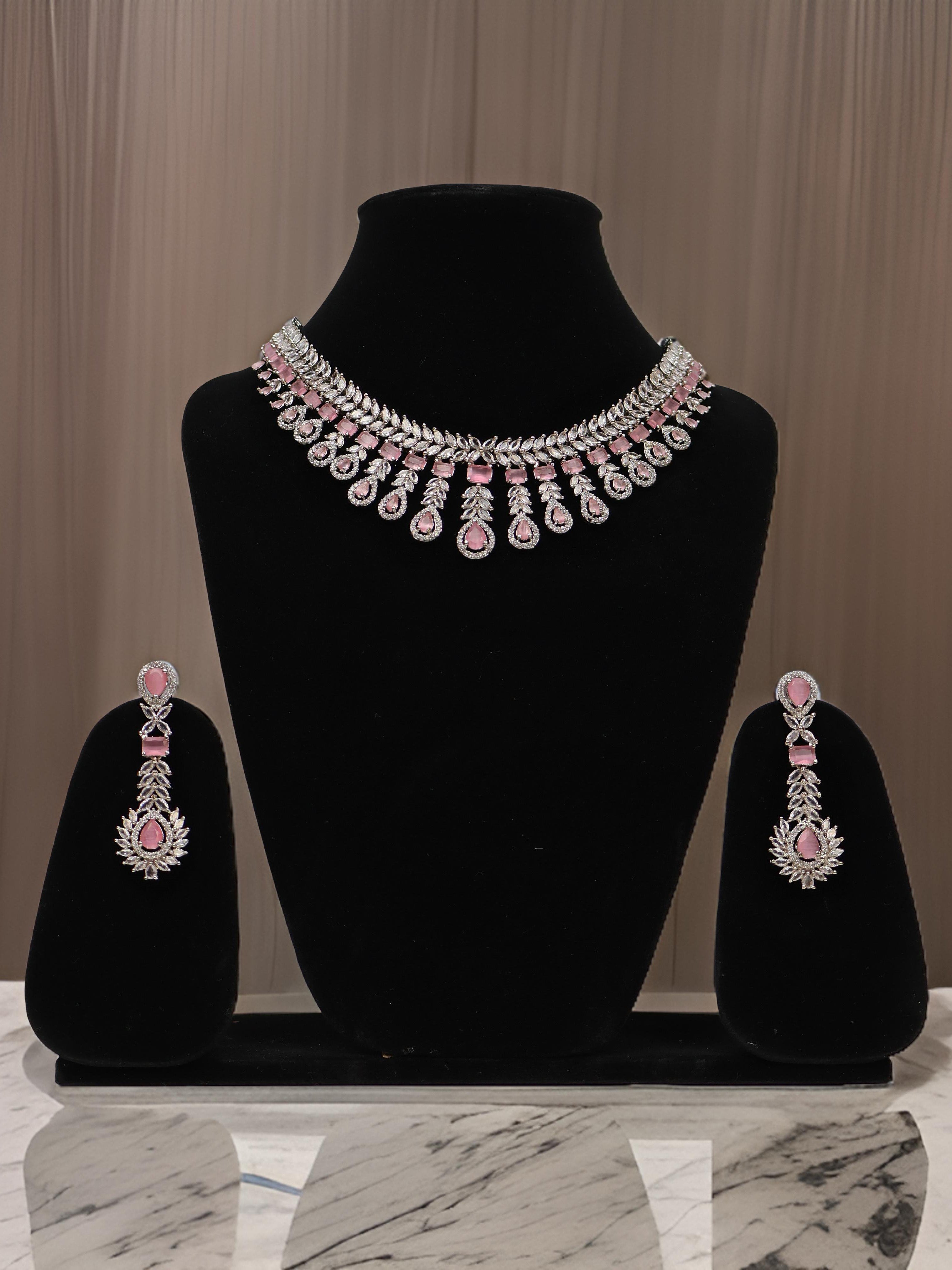 Silver Plated Pink AD Necklace Set