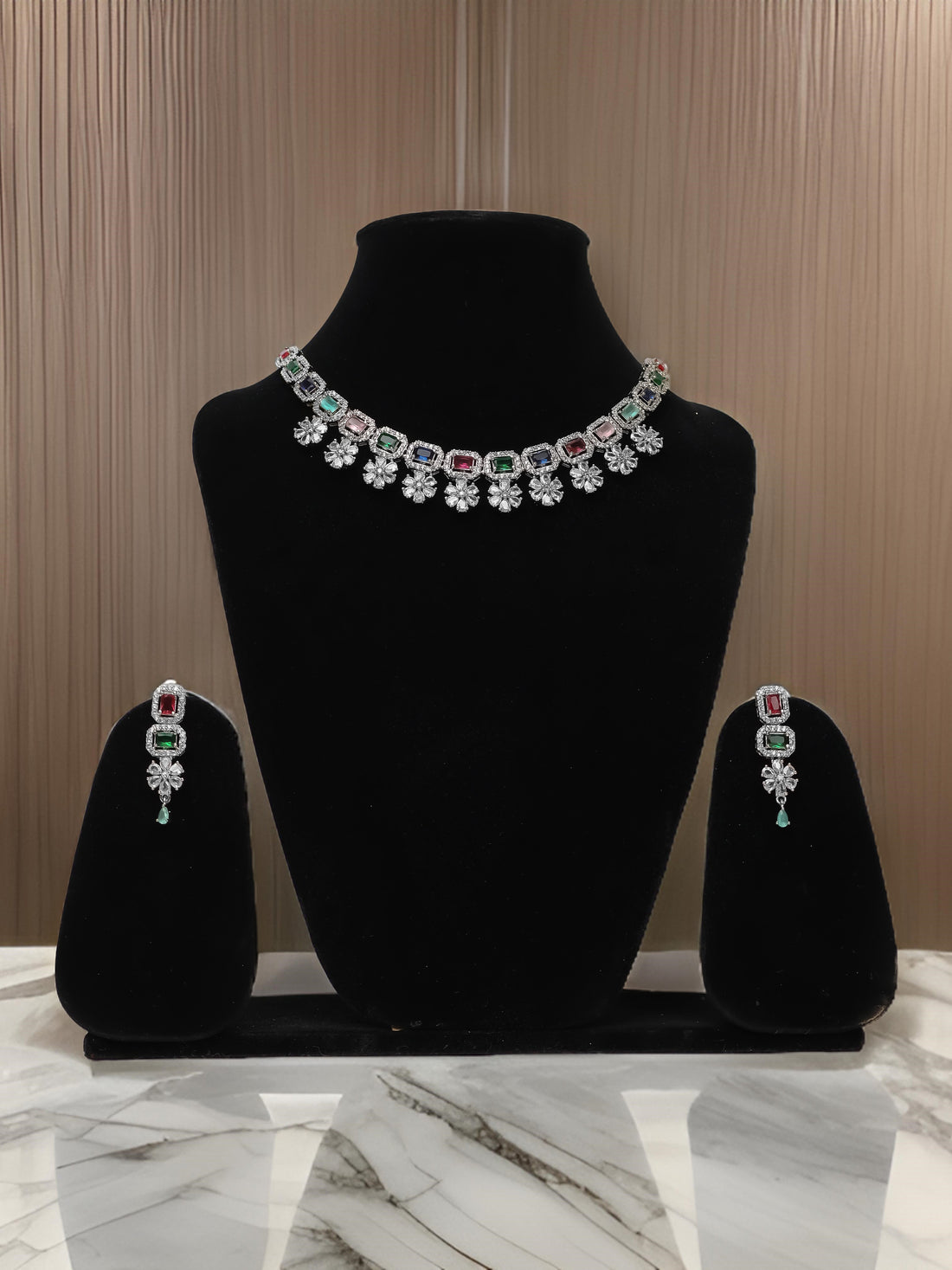 Silver Plated Multi Color AD Necklace Set