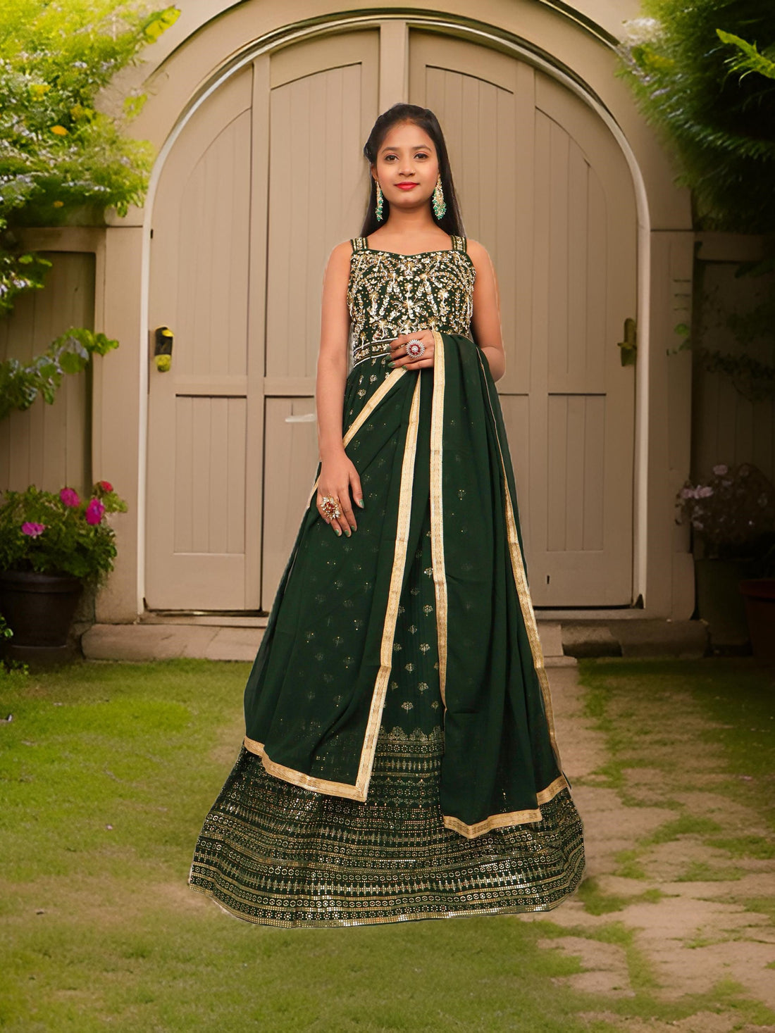Dark Green Gown with Sequin &amp; Cut Dana Work by Shreekama Dark Green Designer Gowns for Party Festival Wedding Occasion in Noida