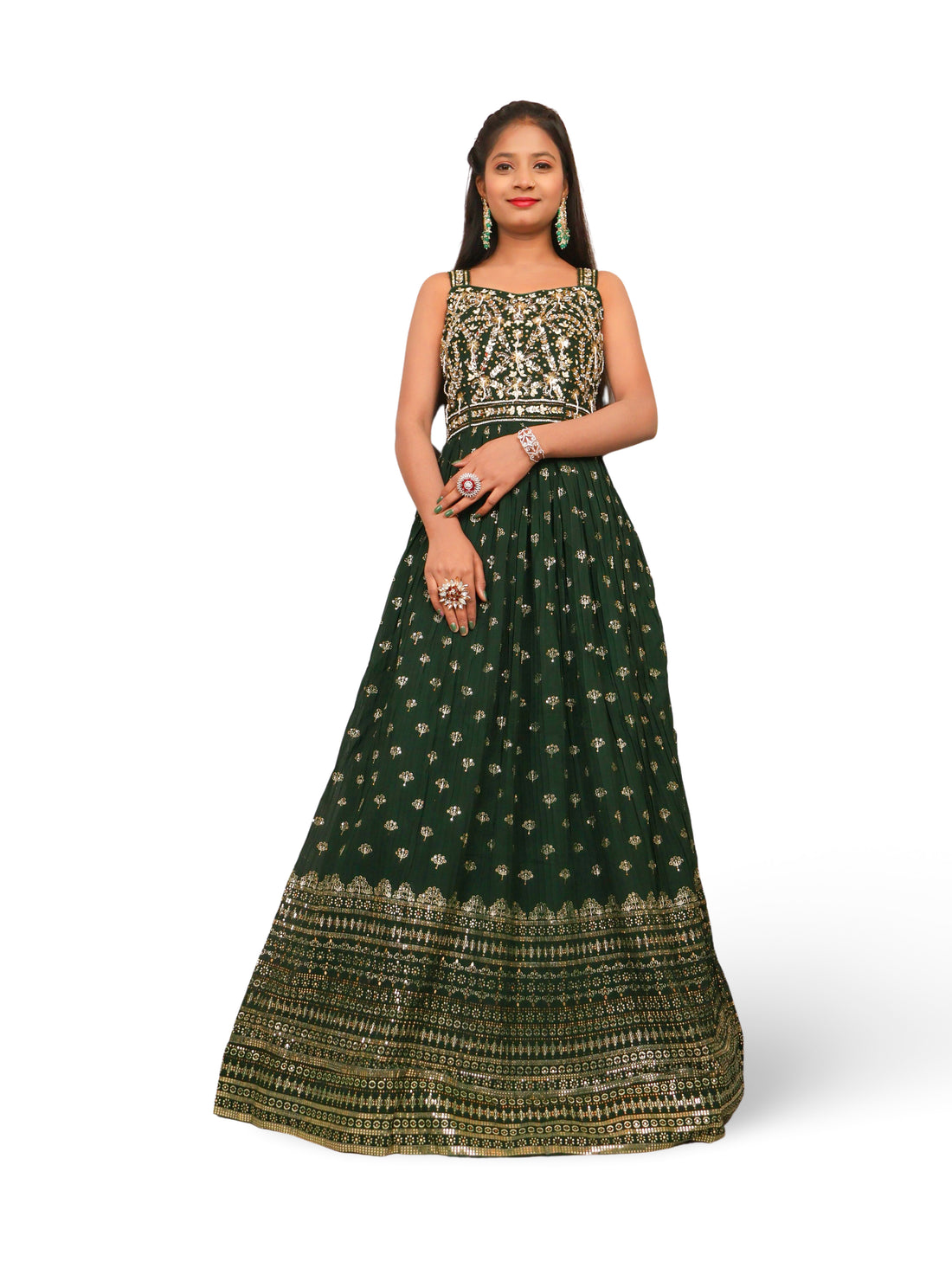 Dark Green Gown with Sequin &amp; Cut Dana Work by Shreekama Dark Green Designer Gowns for Party Festival Wedding Occasion in Noida