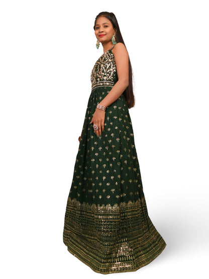 Dark Green Gown with Sequin &amp; Cut Dana Work by Shreekama Dark Green Designer Gowns for Party Festival Wedding Occasion in Noida