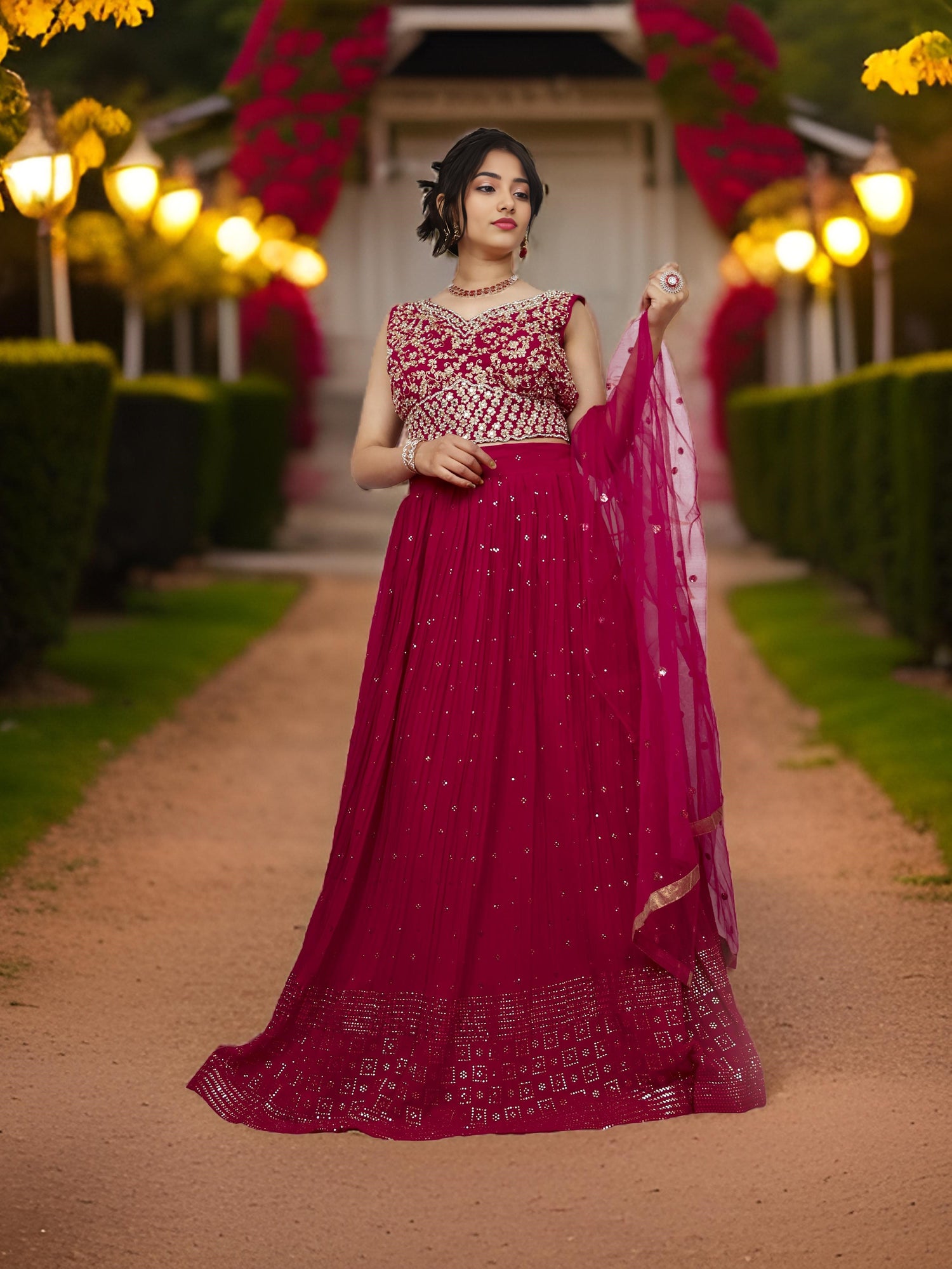 Designer Lehenga &amp; choli with dupatta for Women by Shreekama Magenta Designer Lehenga for Party Festival Wedding Occasion in Noida