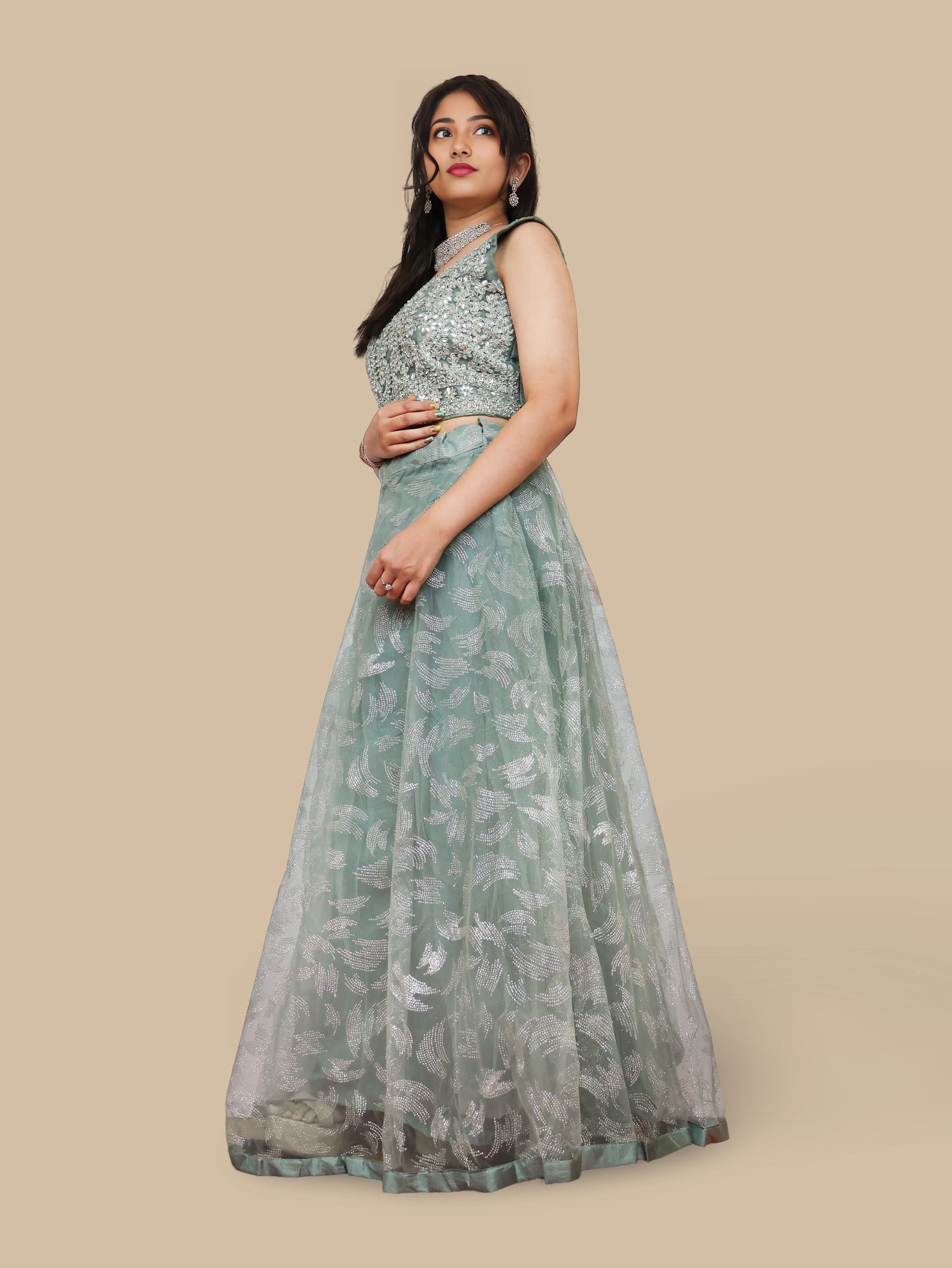 Mint Green Lehenga Choli Set with Golden Mirror Stone Work by Shreekama Mint Green Designer Lehenga for Party Festival Wedding Occasion in Noida