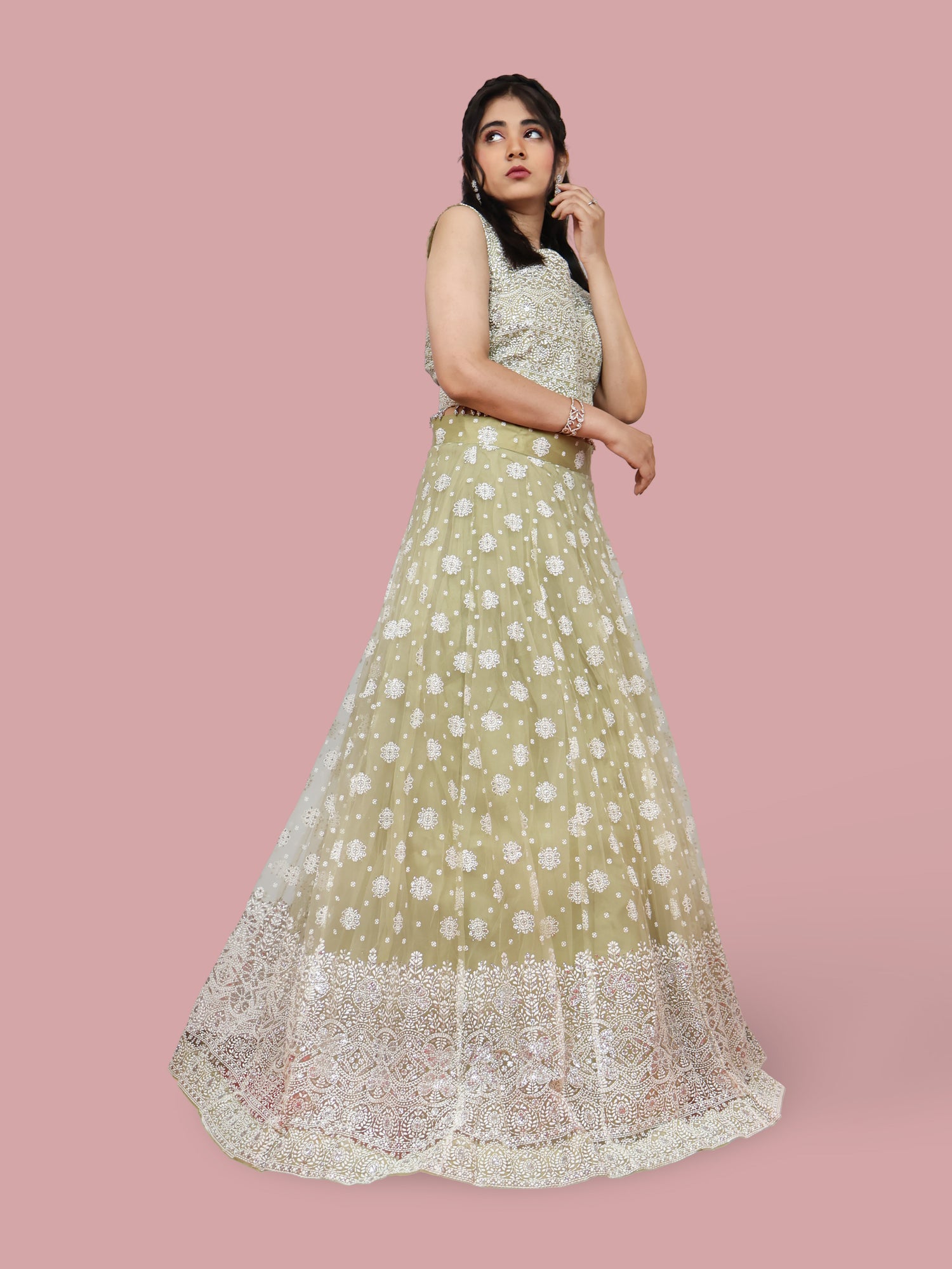 Embellished Flared Lehenga Choli Set with Dupatta by Shreekama Kiwi Designer Lehenga for Party Festival Wedding Occasion in Noida