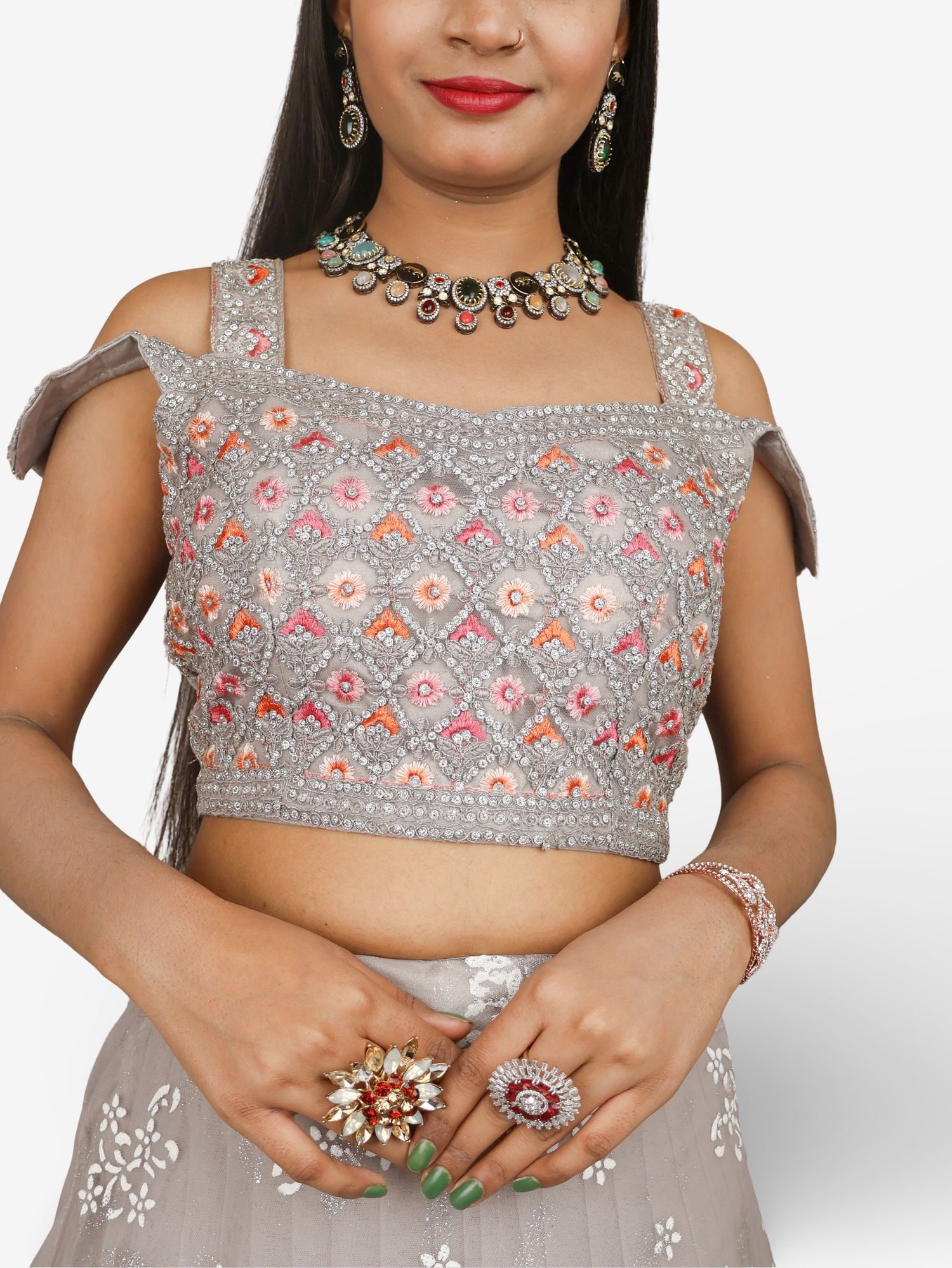 Cold Shoulder Lehenga Choli Set with Stone &amp; Embroidery by Shreekama Grey Designer Lehenga for Party Festival Wedding Occasion in Noida