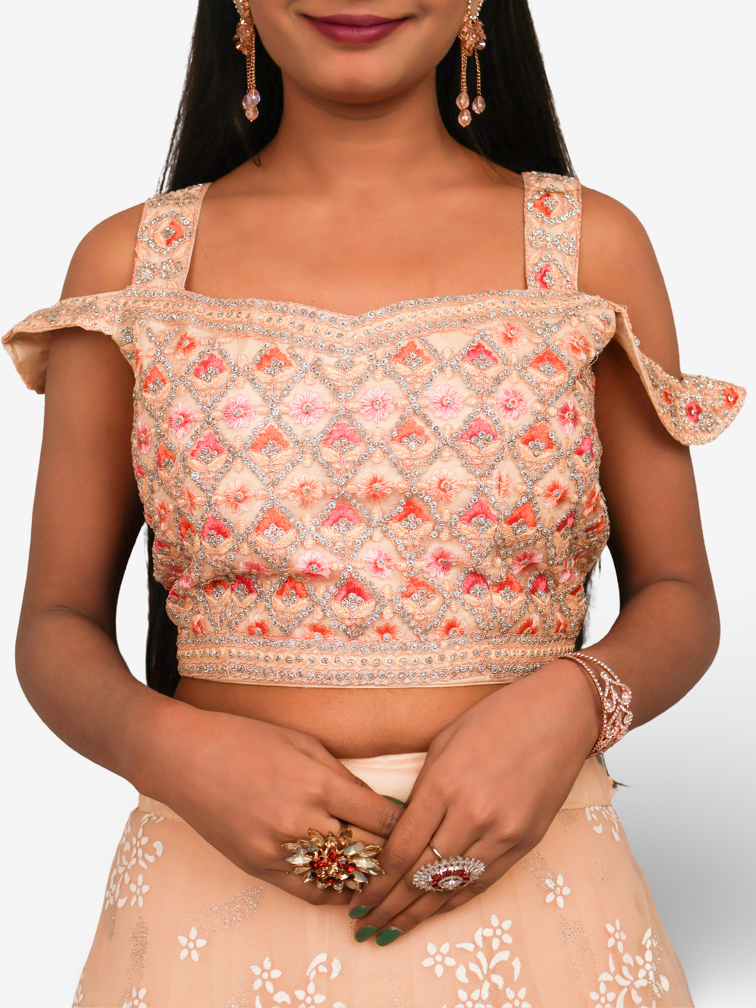 Cold Shoulder Lehenga Choli Set with Stone &amp; Embroidery by Shreekama Beige Designer Lehenga for Party Festival Wedding Occasion in Noida