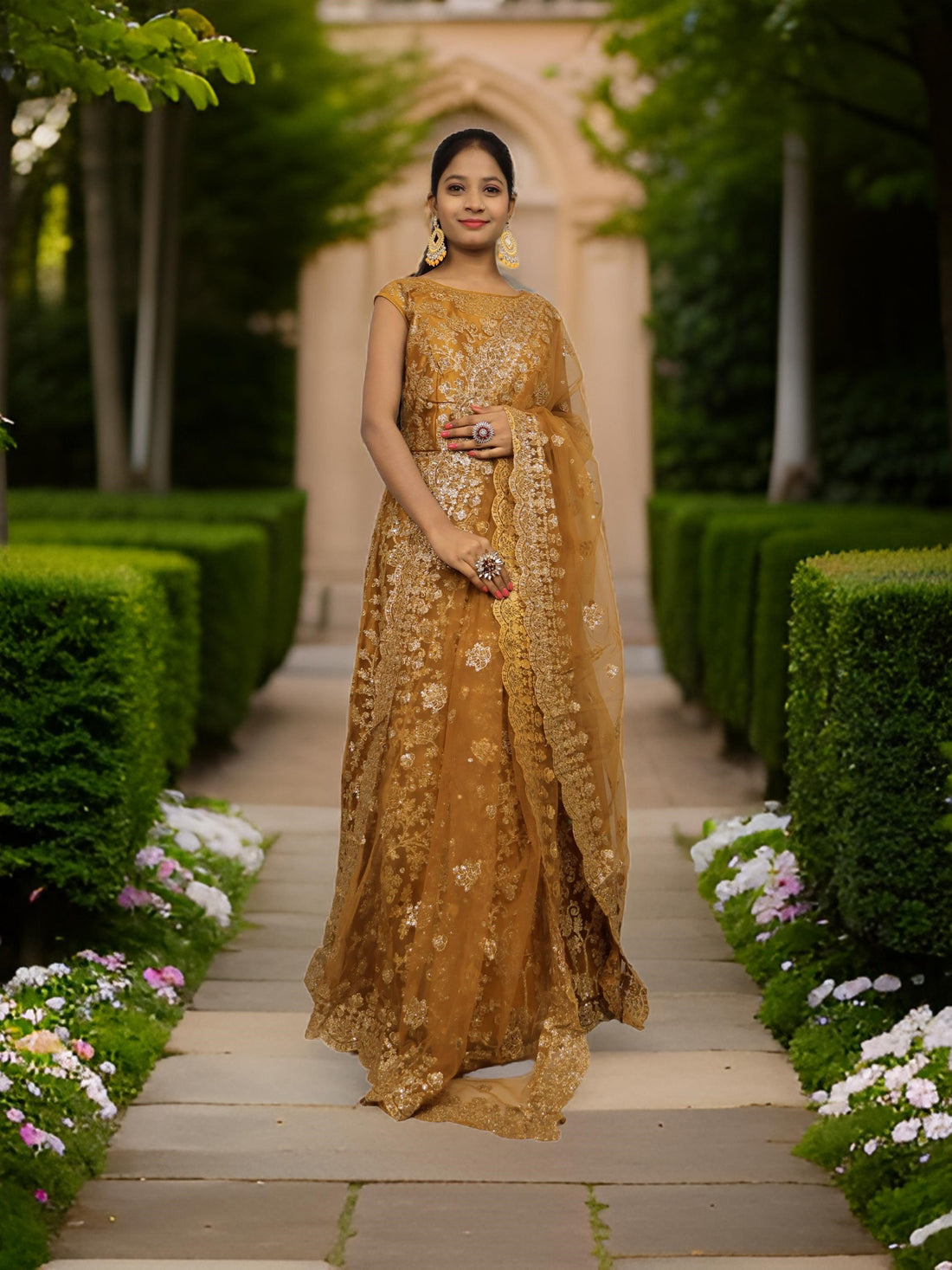 Gown with Shimmery Rubber &amp; Beads Work by Shreekama Mustard Yellow Designer Gowns for Party Festival Wedding Occasion in Noida