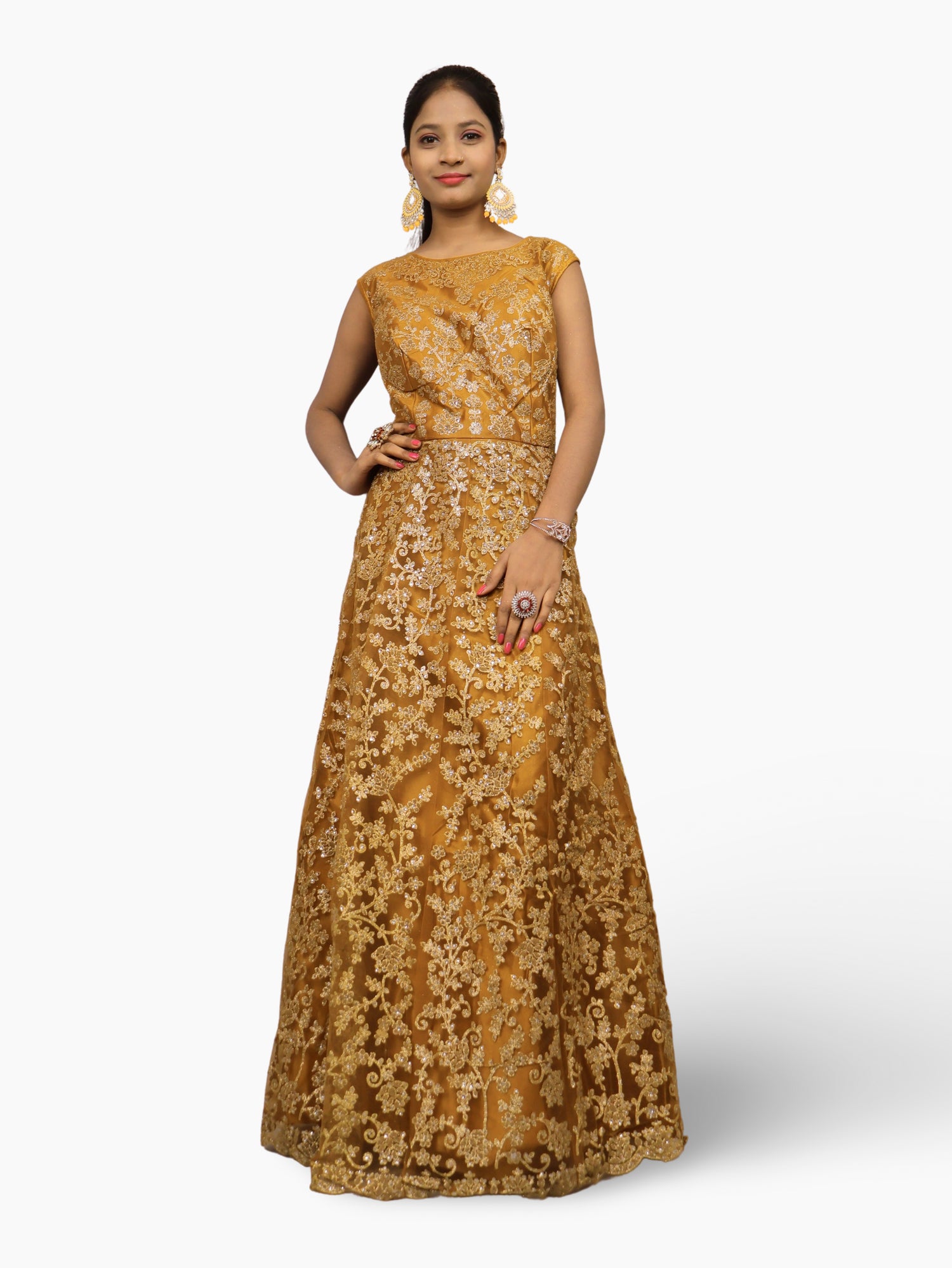 Gown with Shimmery Rubber &amp; Beads Work by Shreekama Mustard Yellow Designer Gowns for Party Festival Wedding Occasion in Noida