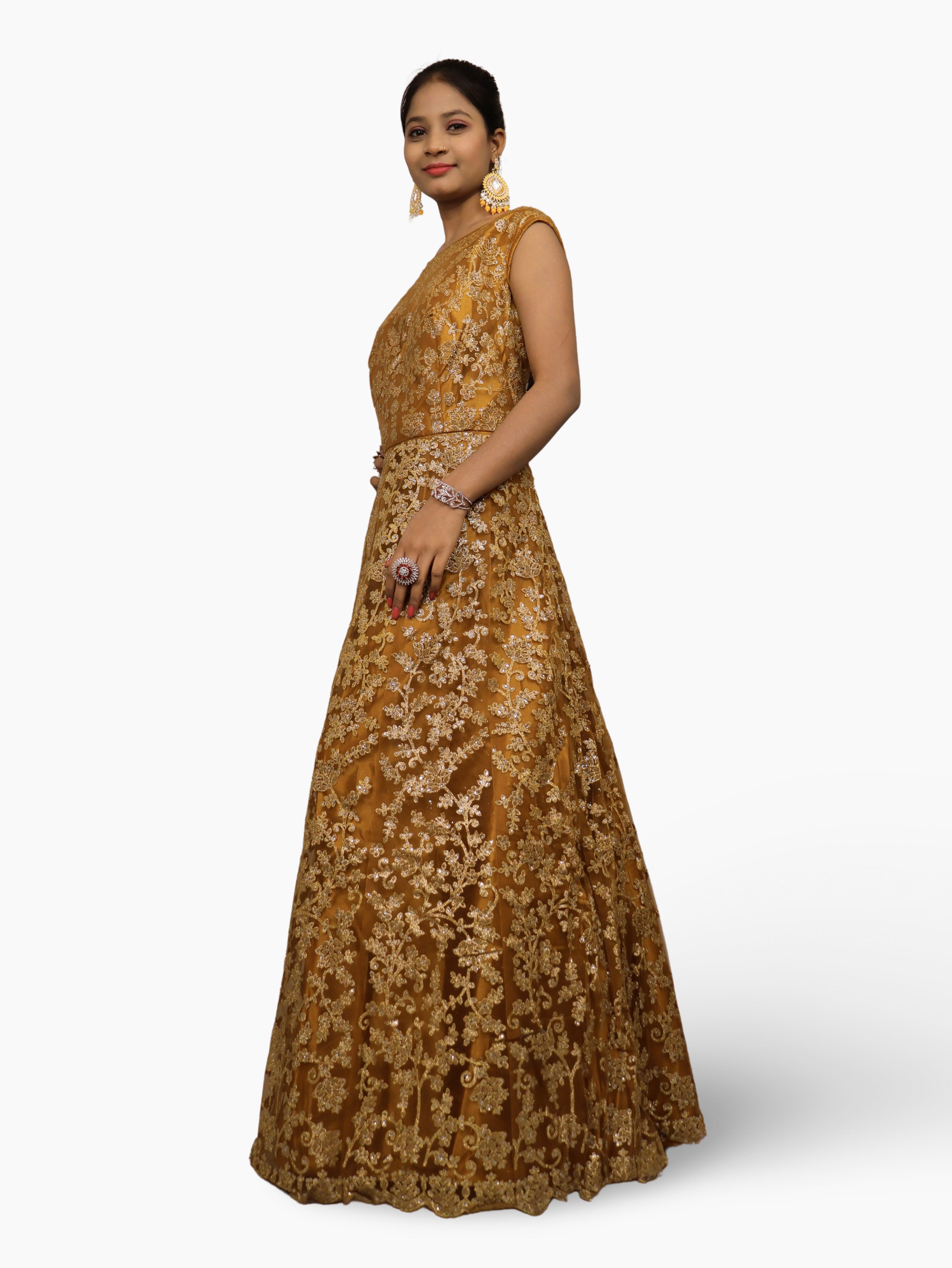 Gown with Shimmery Rubber &amp; Beads Work by Shreekama Mustard Yellow Designer Gowns for Party Festival Wedding Occasion in Noida