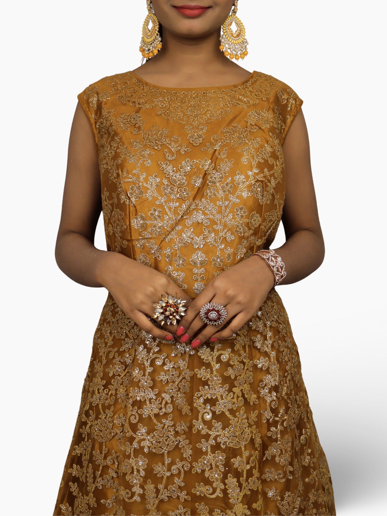 Gown with Shimmery Rubber &amp; Beads Work by Shreekama Mustard Yellow Designer Gowns for Party Festival Wedding Occasion in Noida