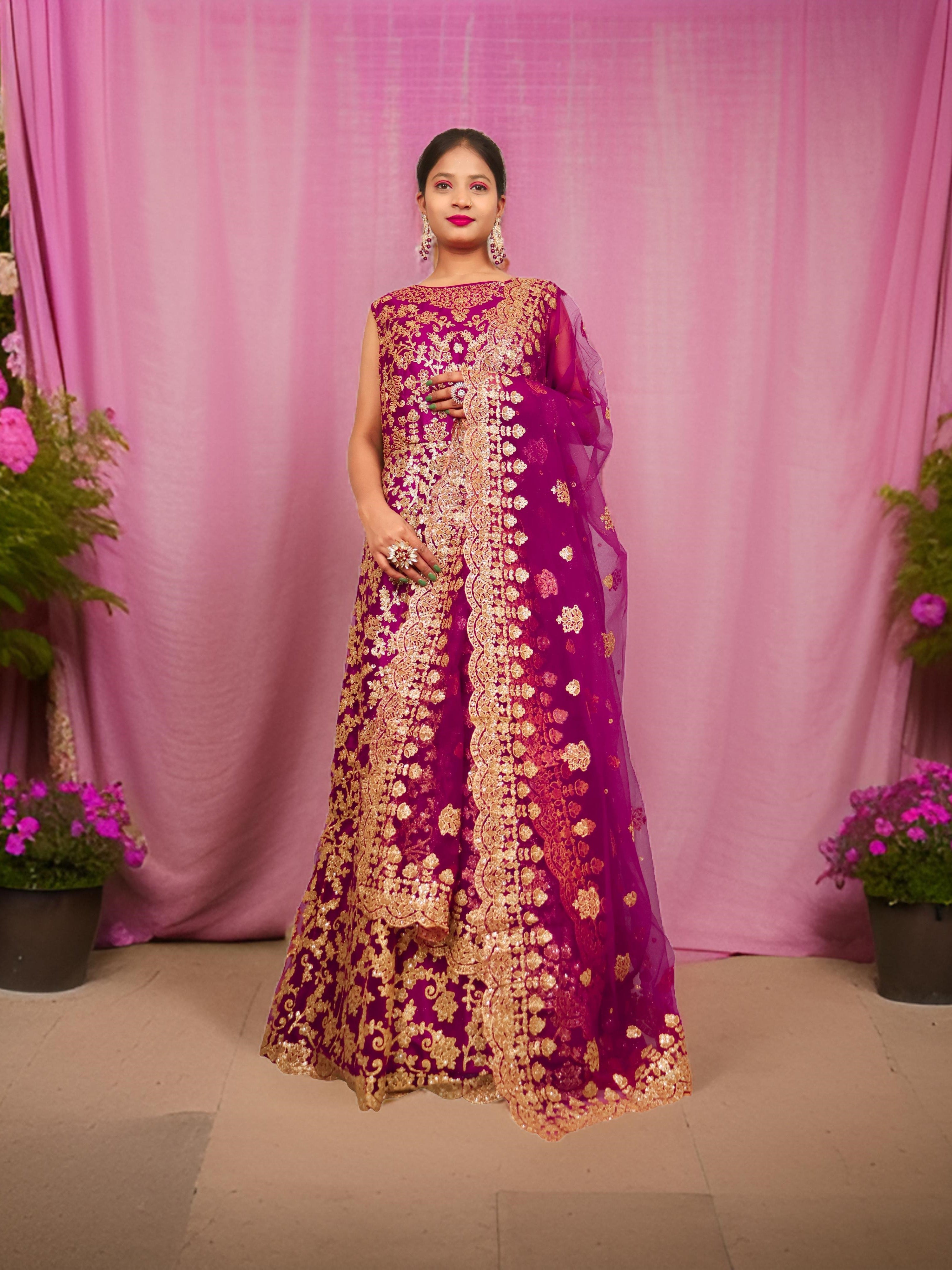 Gown with Shimmery Rubber &amp; Beads Work by Shreekama Purple Designer Gowns for Party Festival Wedding Occasion in Noida