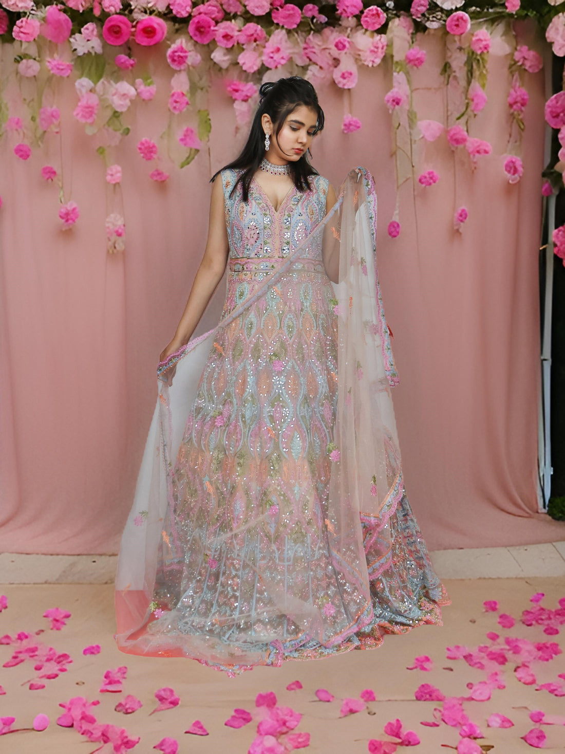 Multi Color Net Fabric Gown with Mirror Work &amp; Embroidery by Shreekama Multi Color Designer Gowns for Party Festival Wedding Occasion in Noida