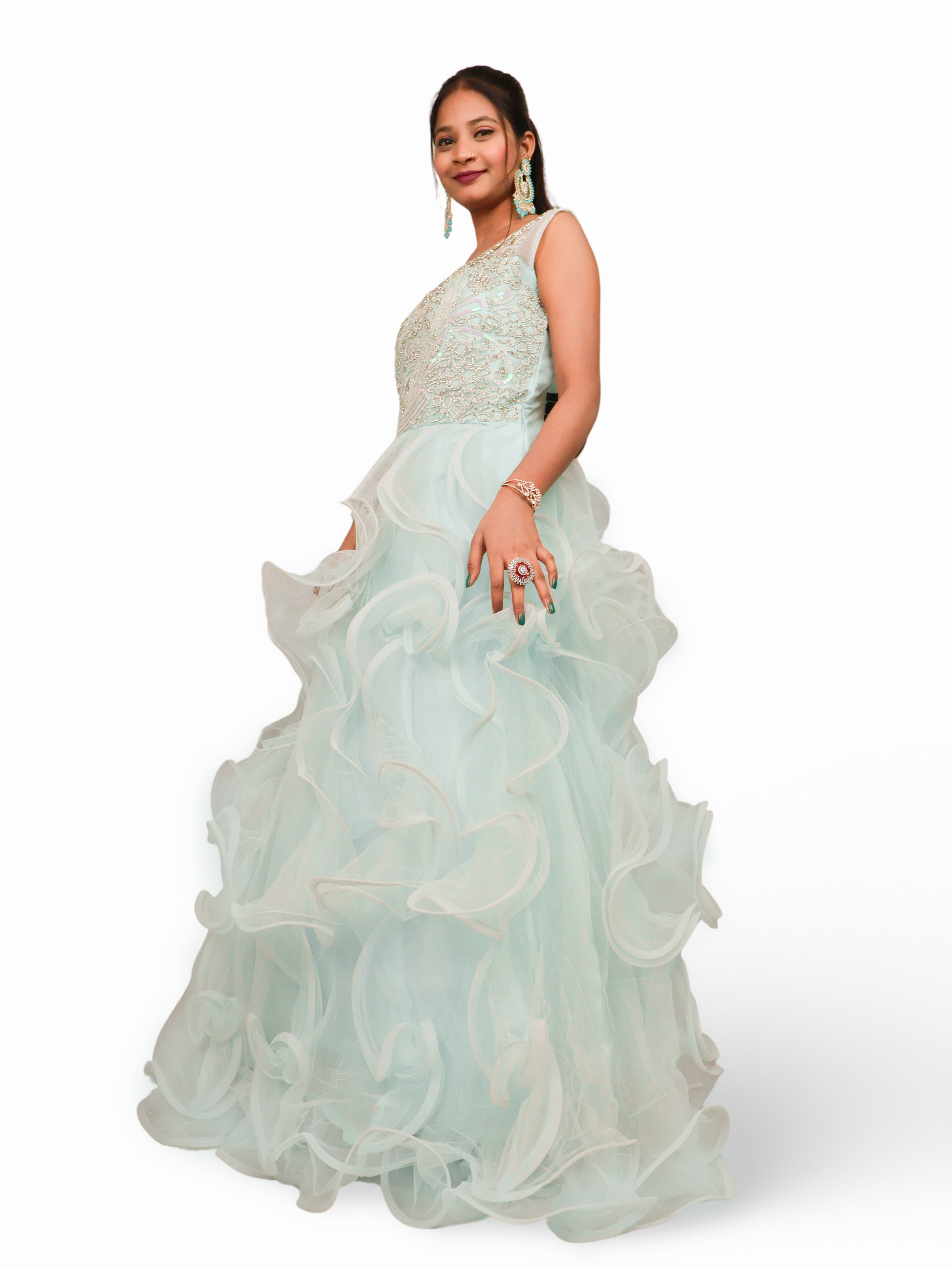 Net Fabric Gown with Stone &amp; Sequin by Shreekama Sky Blue Designer Gowns for Party Festival Wedding Occasion in Noida